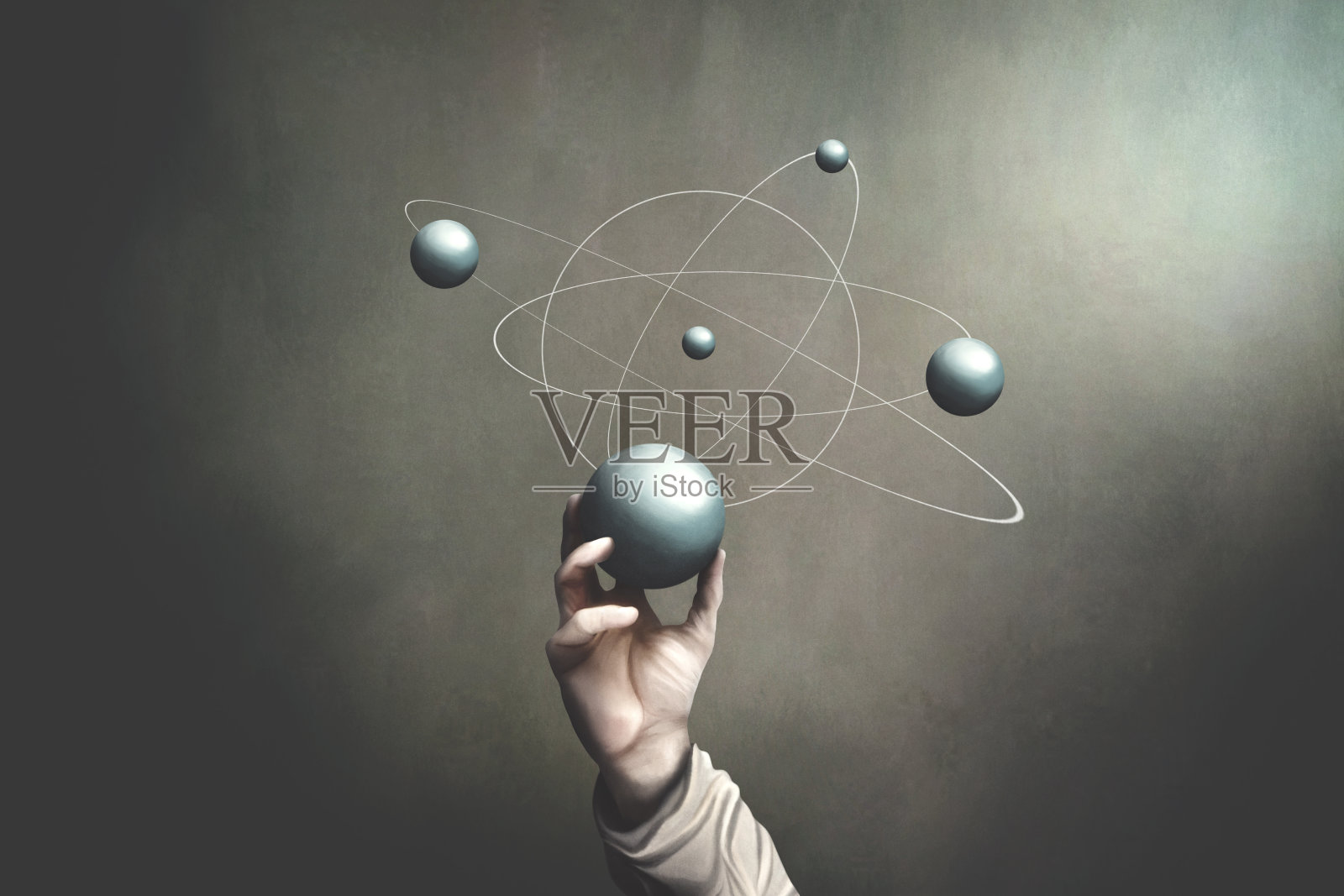 插图手握球体，代表行星活动，科学超现实的概念照片摄影图片