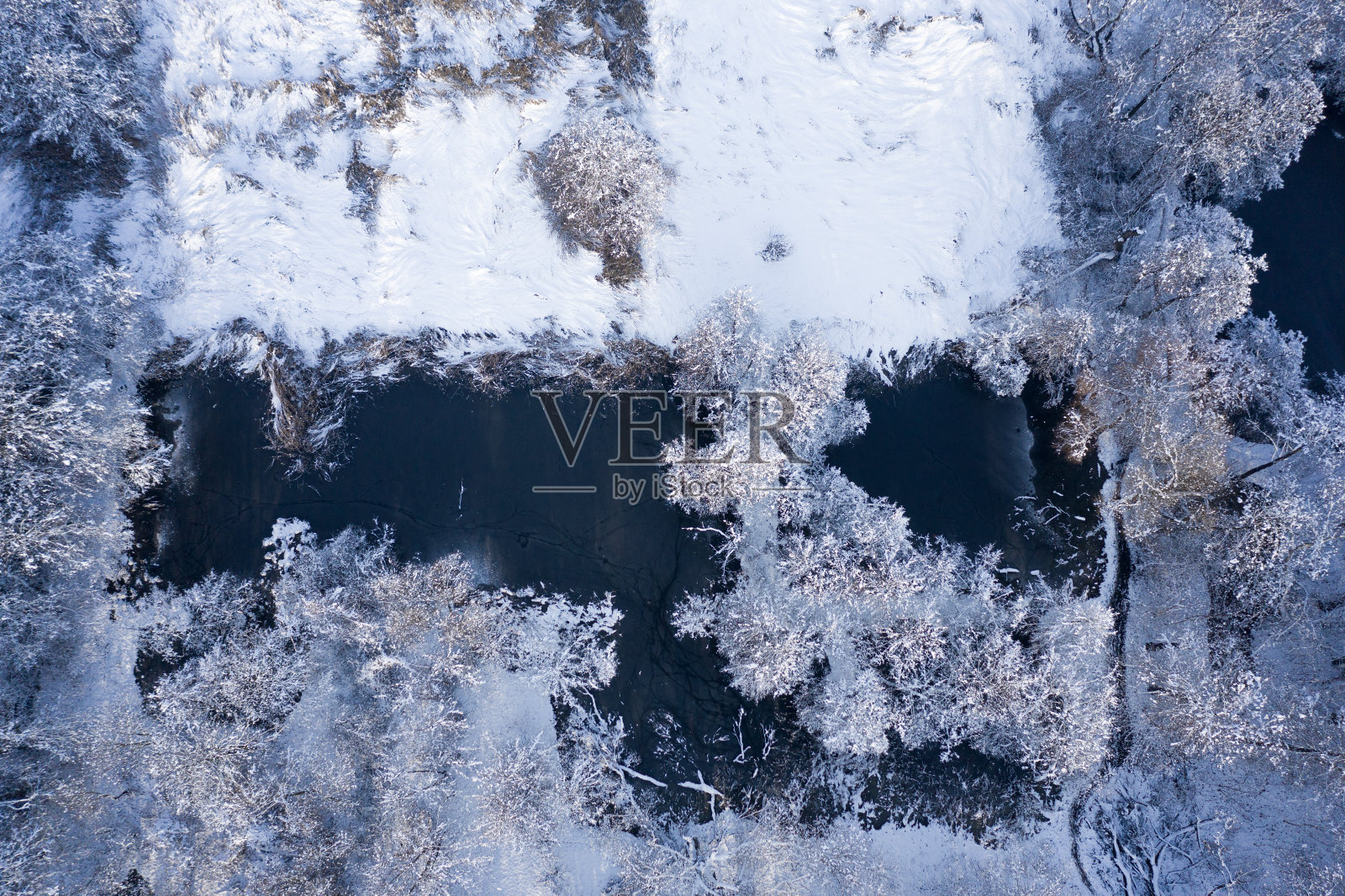 雪围绕池塘，鸟瞰照片摄影图片