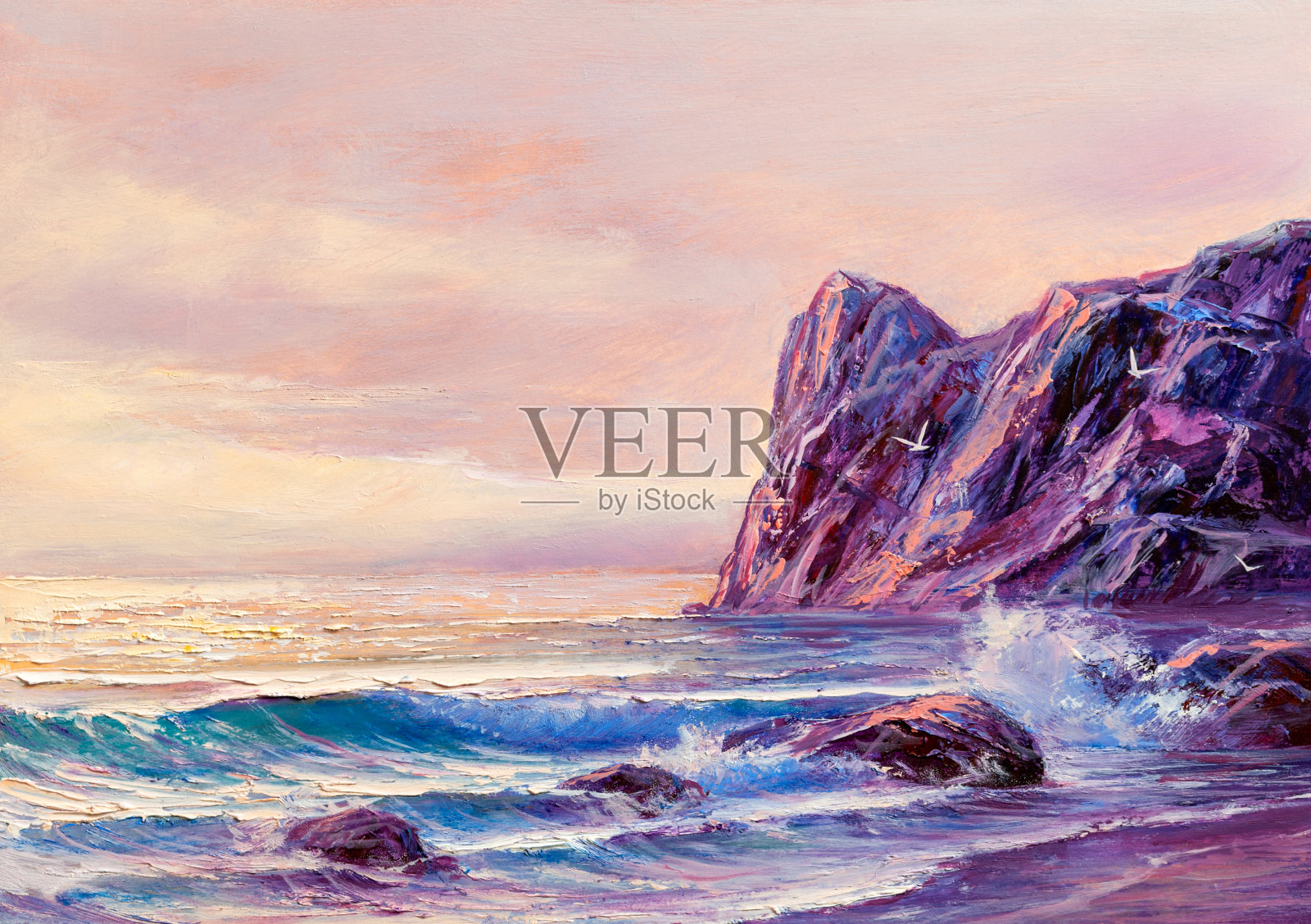 日落时分沙滩上的海浪，阳光，用油画在布面上作画。插画图片素材