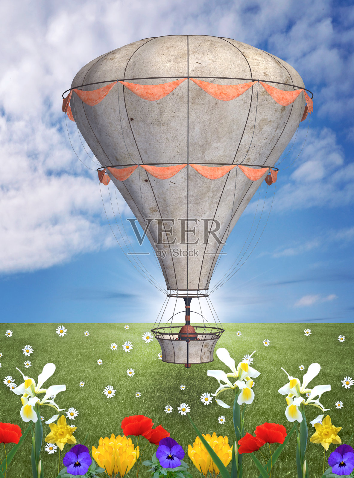 绿色草地上空的热气球插画图片素材