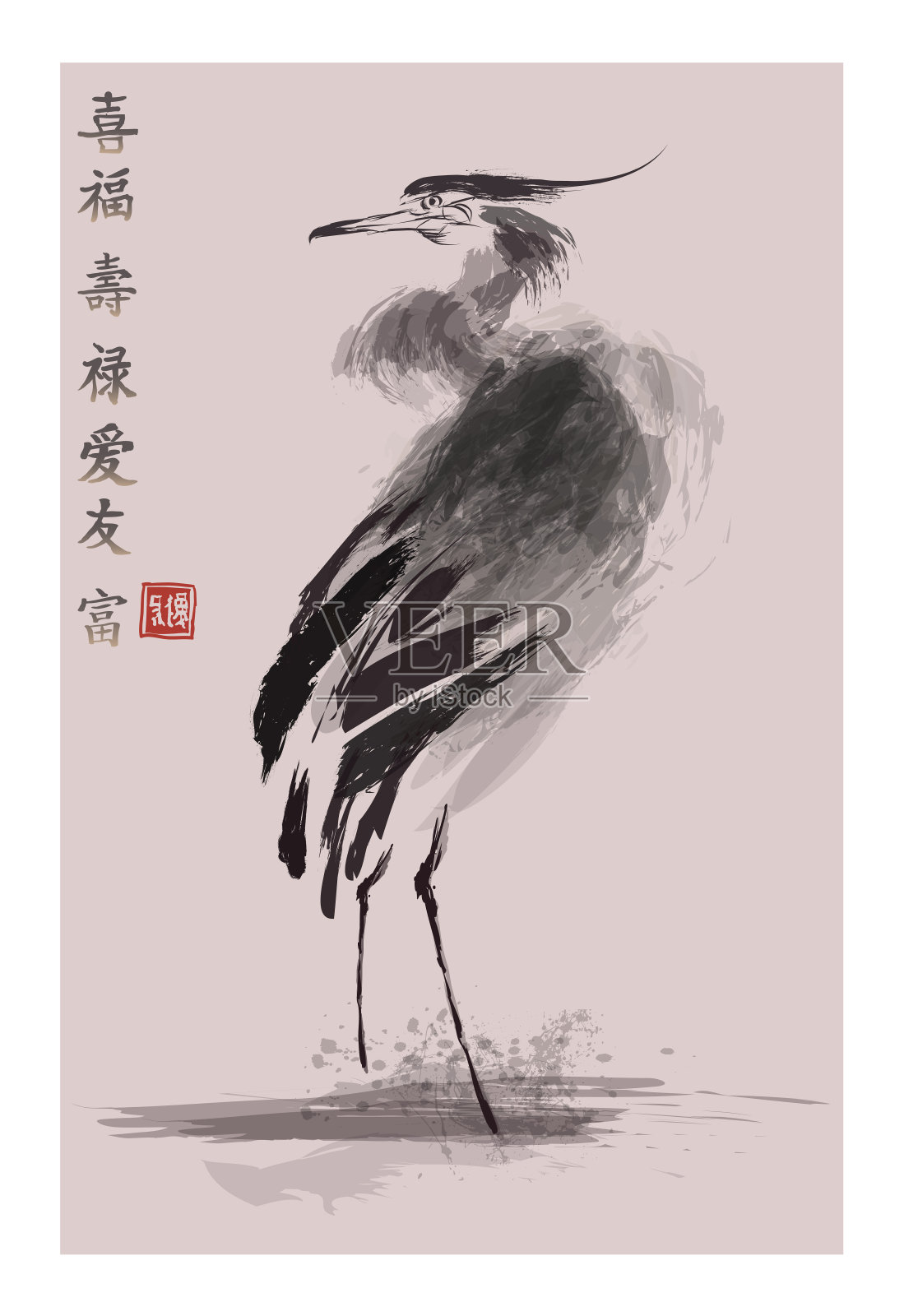 中国古代绘画风格的苍鹭插画图片素材