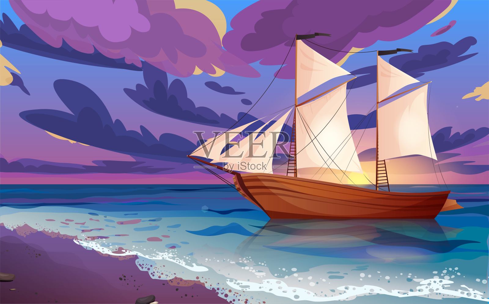 挂着黑旗的帆船。水上的木制帆船。日落或日出，黎明在海上，天空有云。插画图片素材