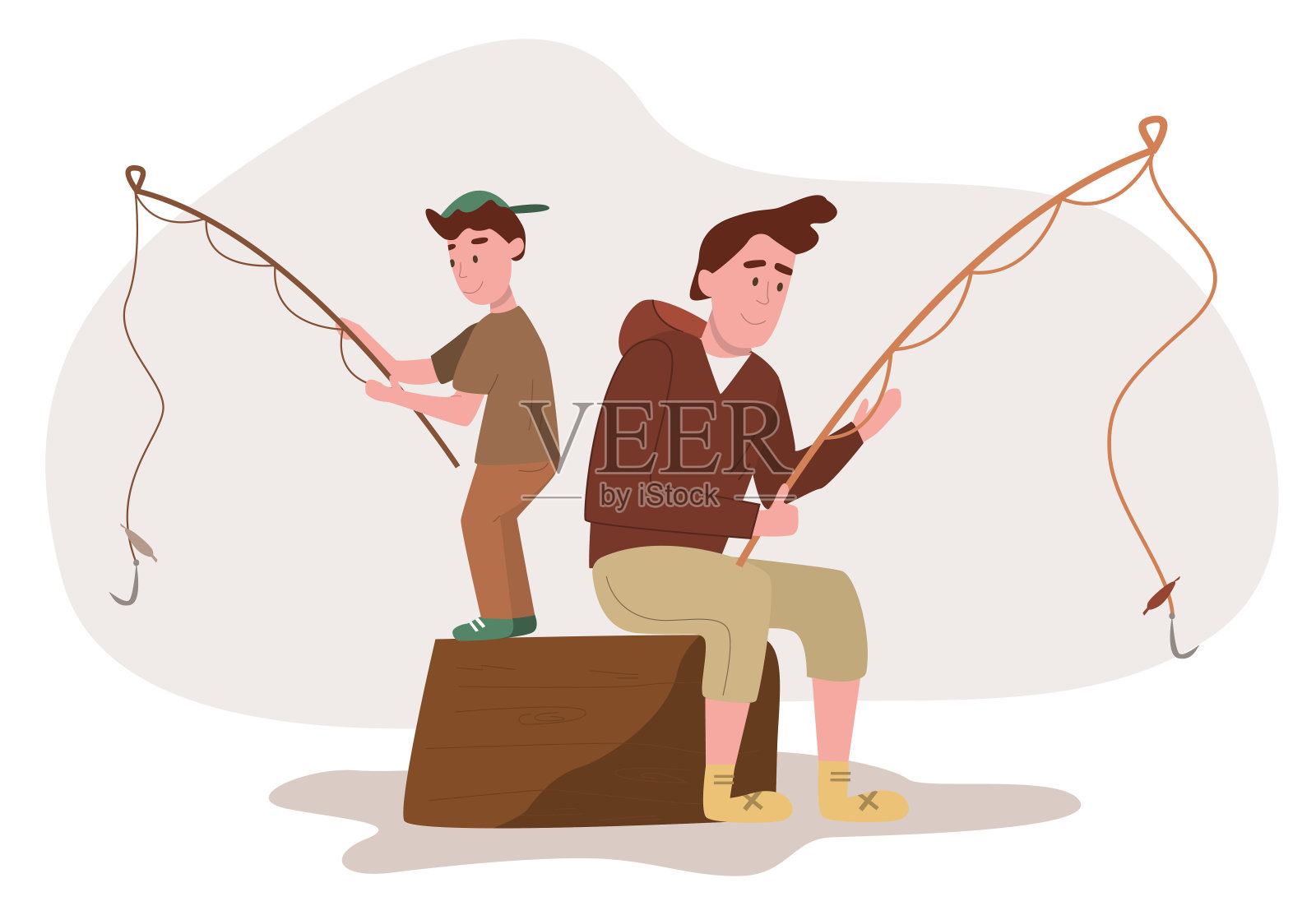 父子俩坐着钓鱼竿。平面设计说明。向量插画图片素材