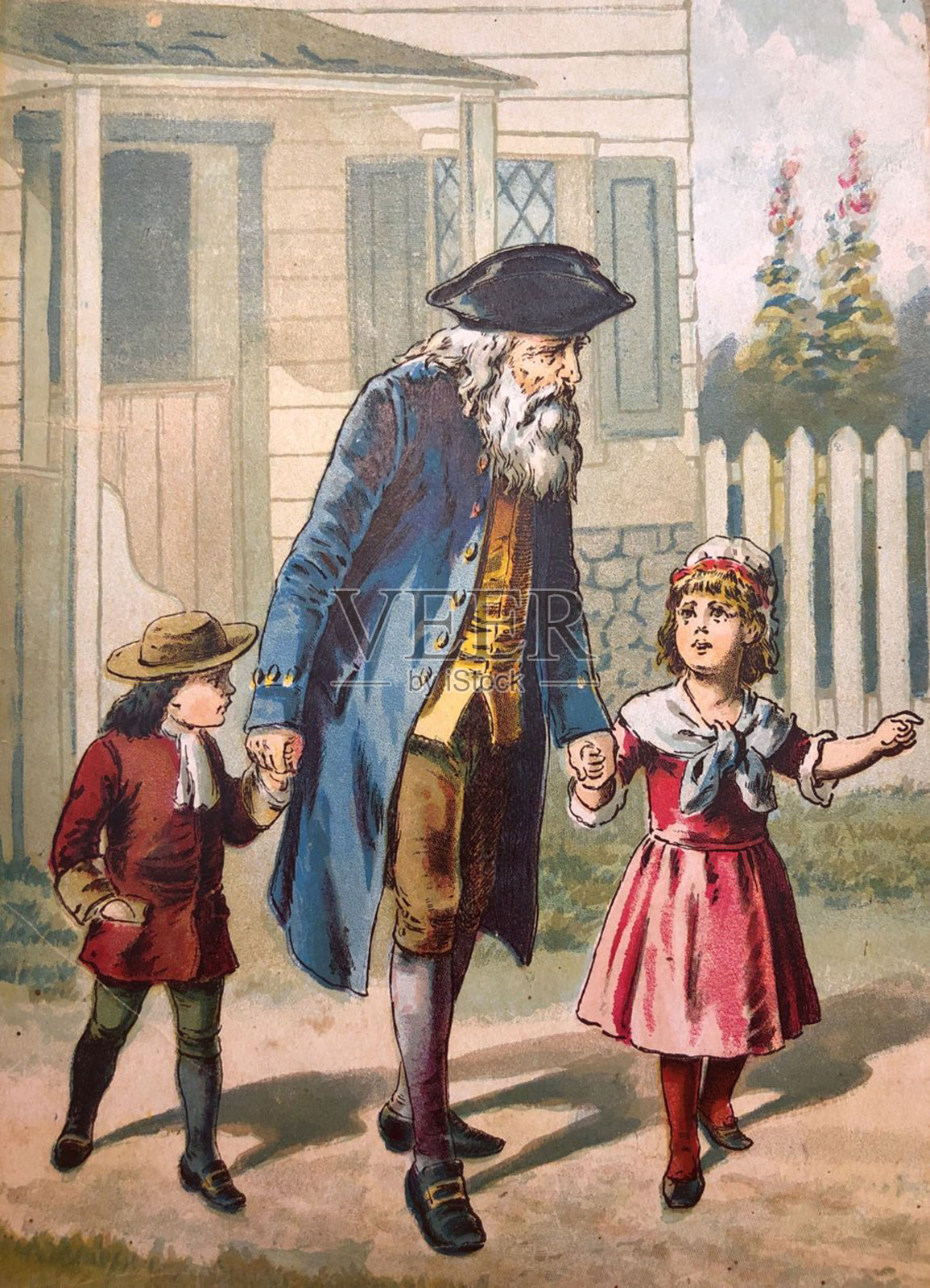 一幅古老的插图——瑞普·凡·温克尔——画中的老人牵着孩子们的手走在房子前面插画图片素材