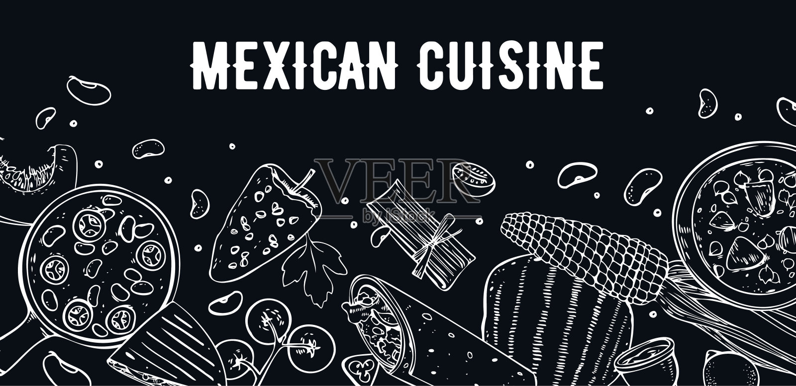 墨西哥食物。菜单设计模板。菜和蔬菜。汤，玉米煎饼，墨西哥玉米粉饼，辣酱。手绘轮廓矢量草图插图在黑色的背景插画图片素材
