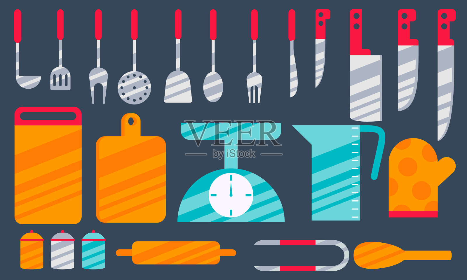 现代各种厨房工具平面图标设置标志图标素材