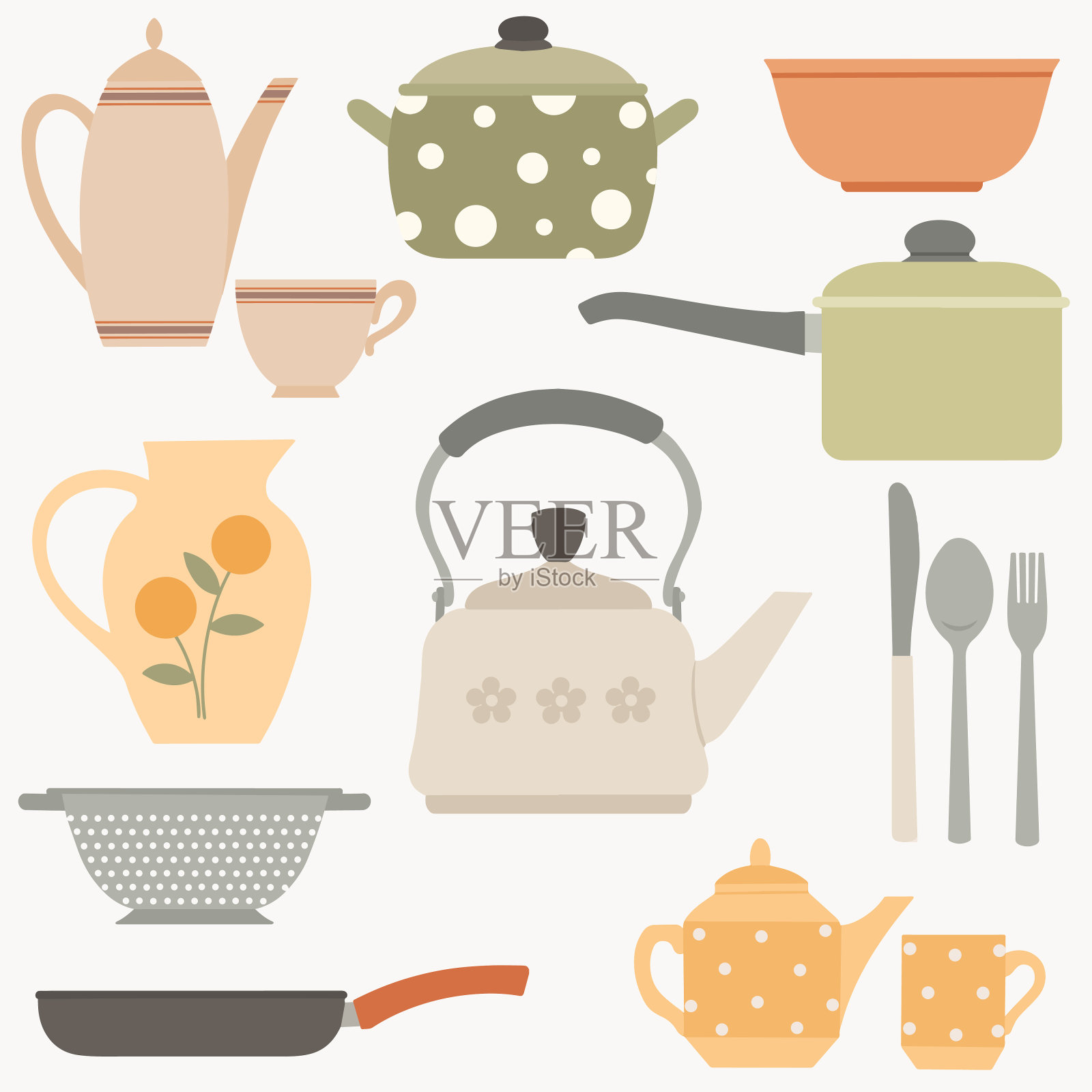 餐具及厨房配件:壶、煎锅、水壶、咖啡壶、杯子。插画图片素材