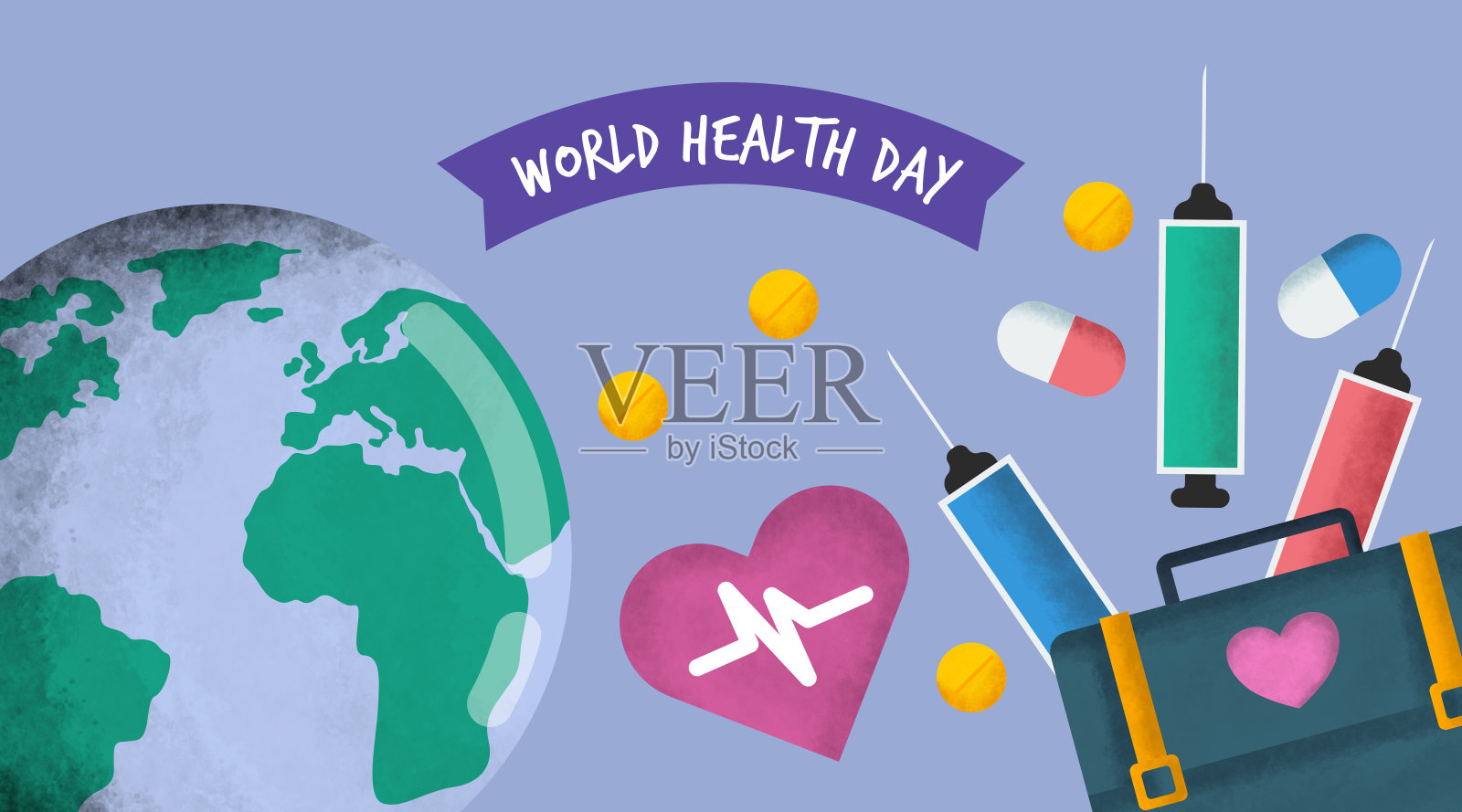 世界卫生日矢量图的地球和医疗工具。插画图片素材