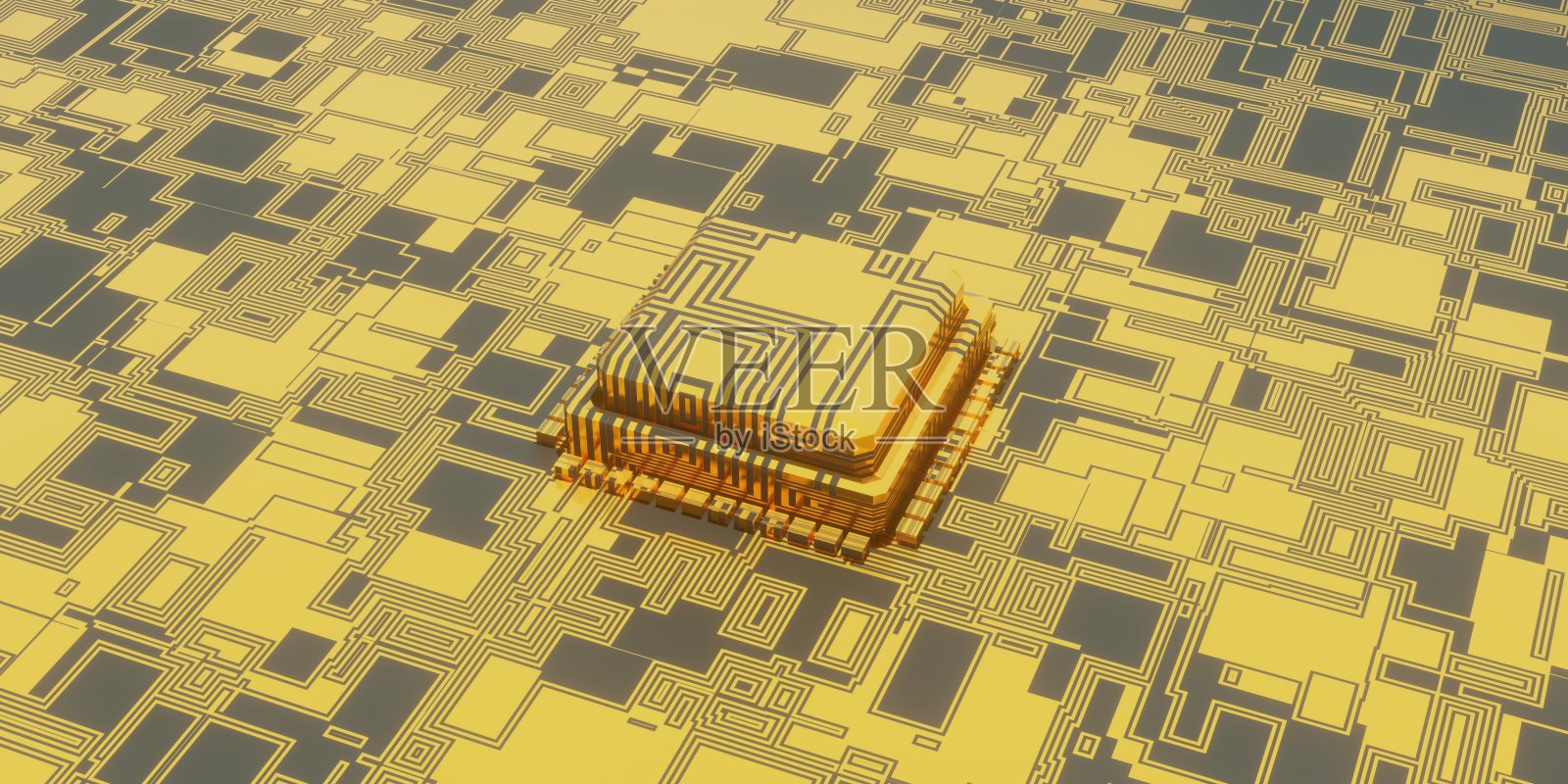 三维说明的技术微芯片背景，数字表面电路板和芯片的视角插画图片素材