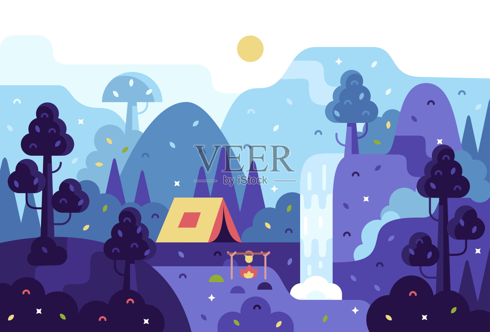 矢量卡通全景插图，背景为夏令营，自然旅游，露营或徒步旅行的设计概念插画图片素材
