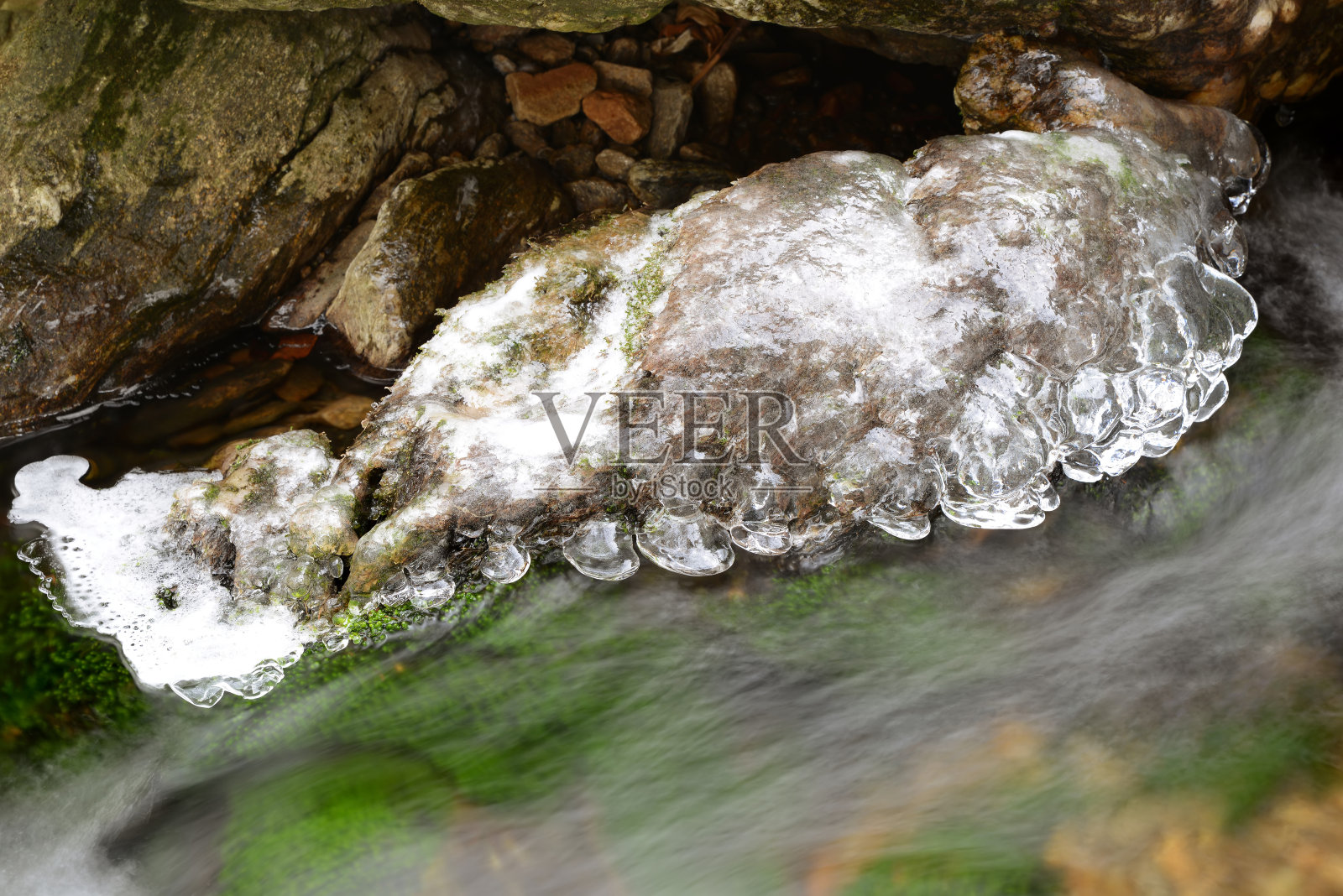 小溪上结了冰。照片摄影图片