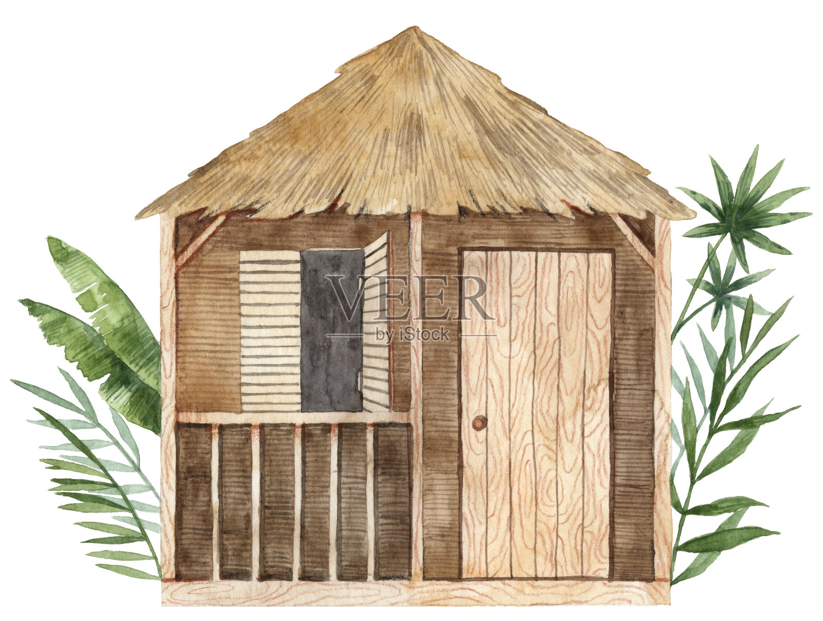 水彩木制海滩房子与阳台和棕榈树设计元素图片