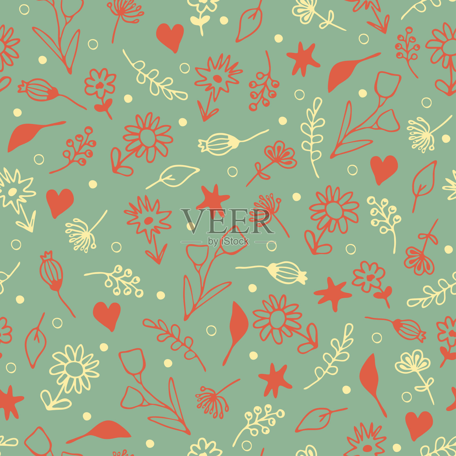 无缝矢量模式与小花在柔和的绿色背景。简单的夏季花卉墙纸设计。浪漫的野花时尚纺织品。插画图片素材