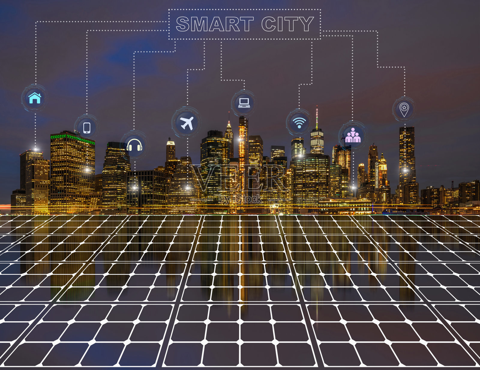 智能城市太阳能电池技术连接线反射与纽约城市景观，网络连接与无线技术，燃料发电和太阳能电池能源概念照片摄影图片