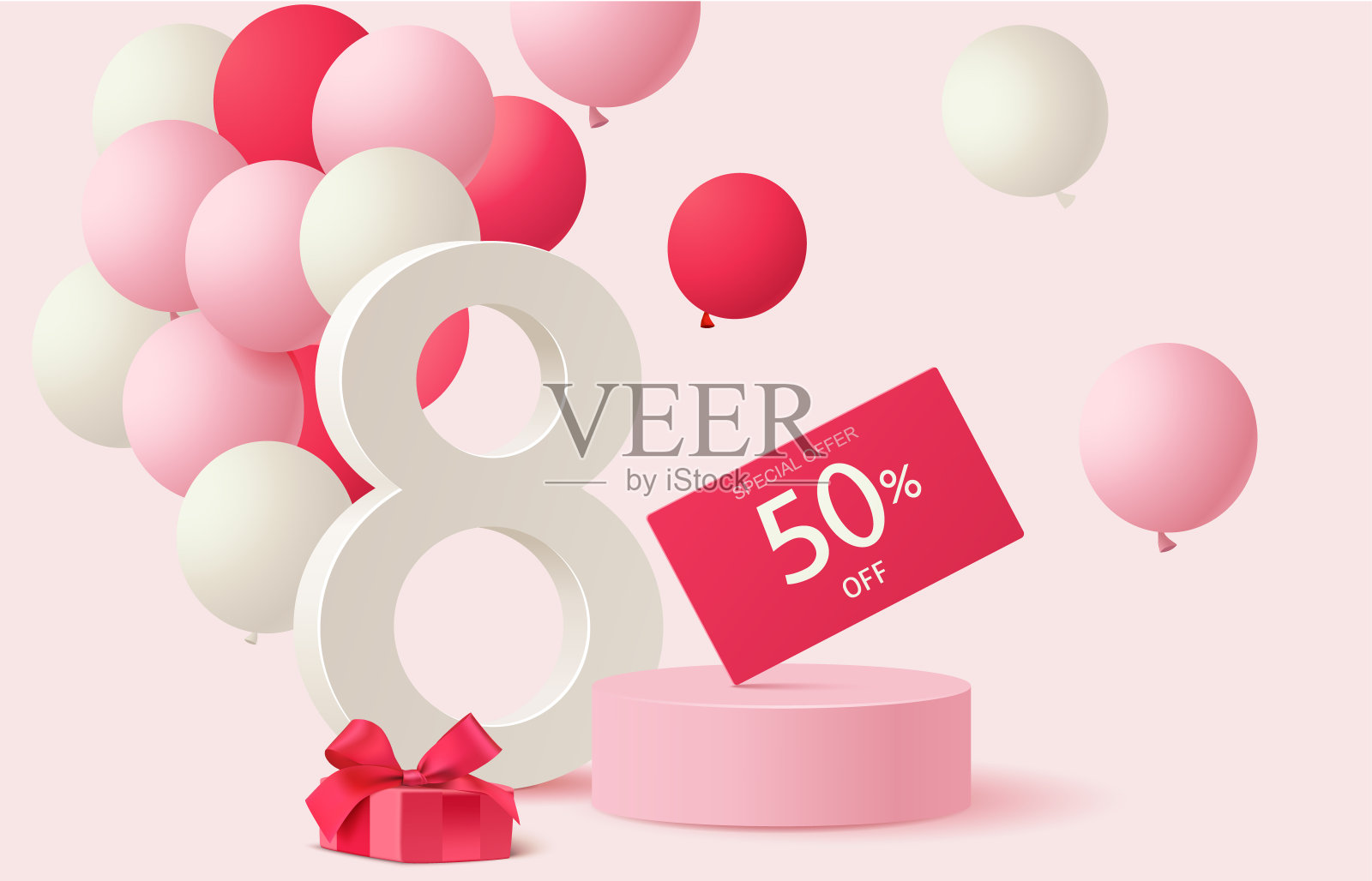 3月8日。国际妇女节销售设计模板。节日背景，红色和白色气球，礼品盒和折扣价格标签在粉红色的圆形讲台。插画图片素材