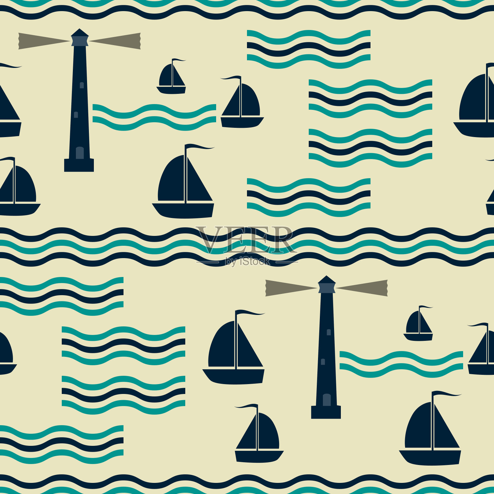 无缝航海模式与波浪，帆船和灯塔。海洋主题矢量打印在复古的调色板插画图片素材