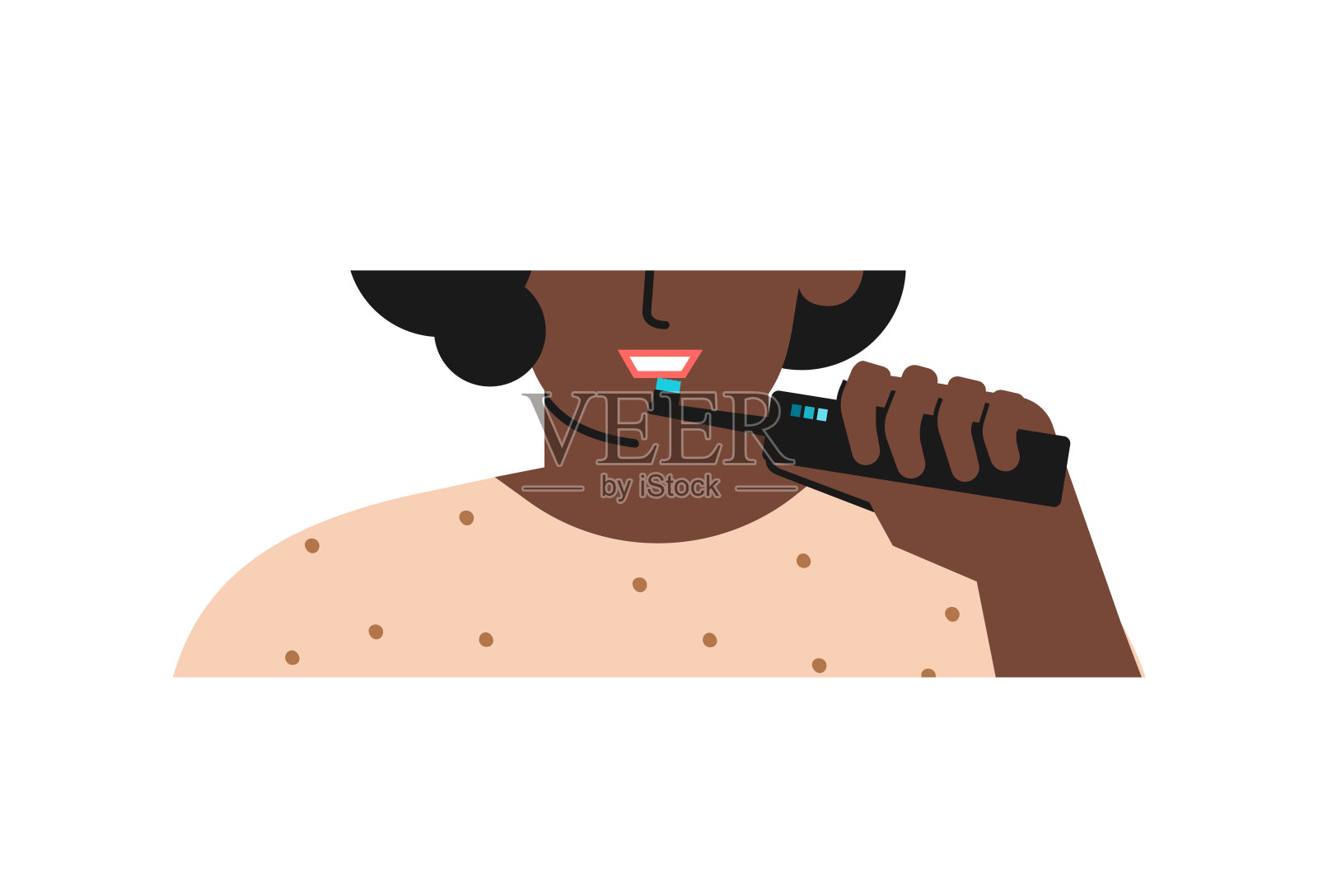 矢量插图。近距离肖像非洲裔美国妇女清洁牙齿的电动牙刷，以保存其健康。每日例行牙科，预防龋齿，菌斑插画图片素材