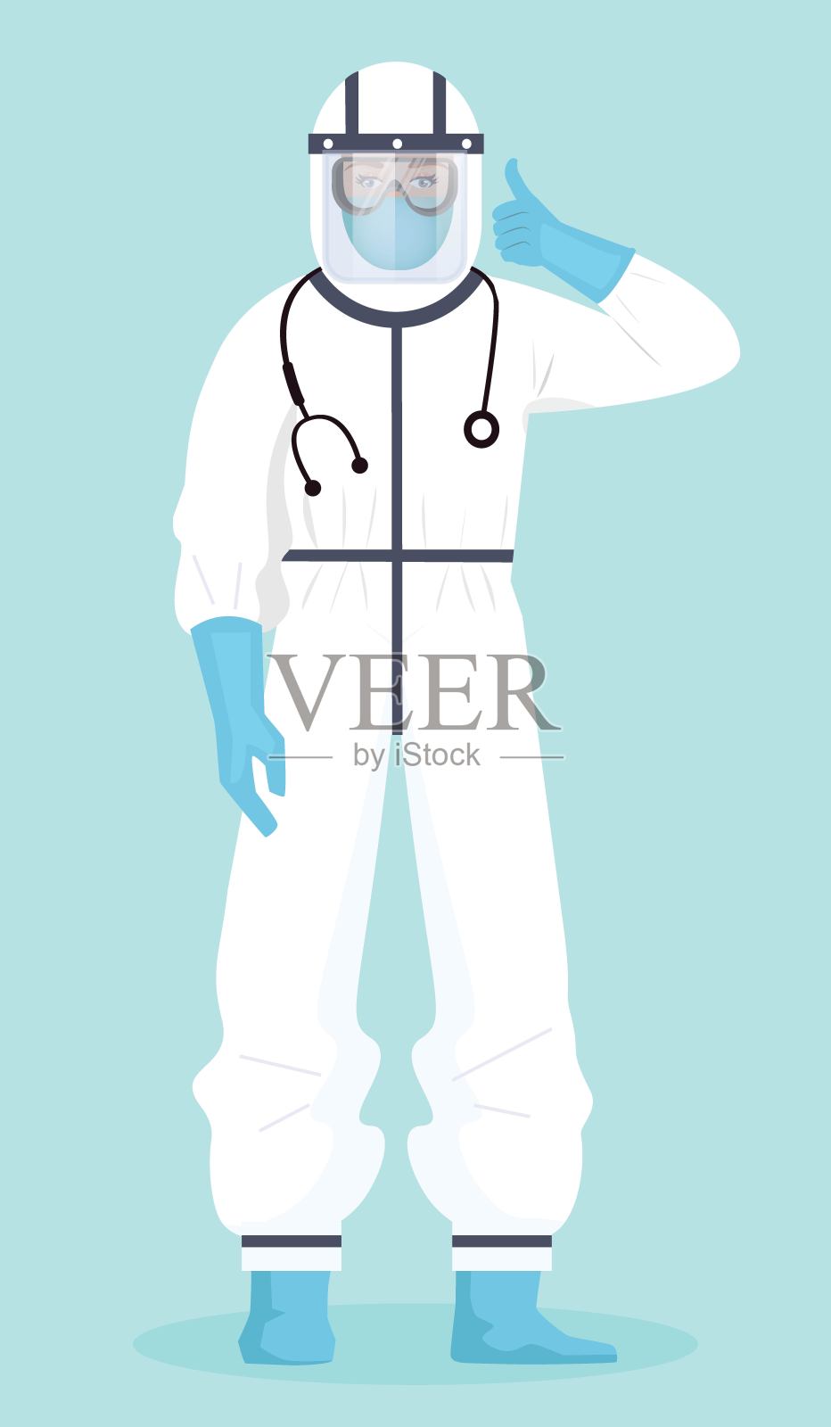 医生穿着防护服面罩，医生穿着防护服、手套抗击冠状病毒大流行，并竖起大拇指。配备个人防护设备的医务人员。安全工作。全身防护服插画图片素材