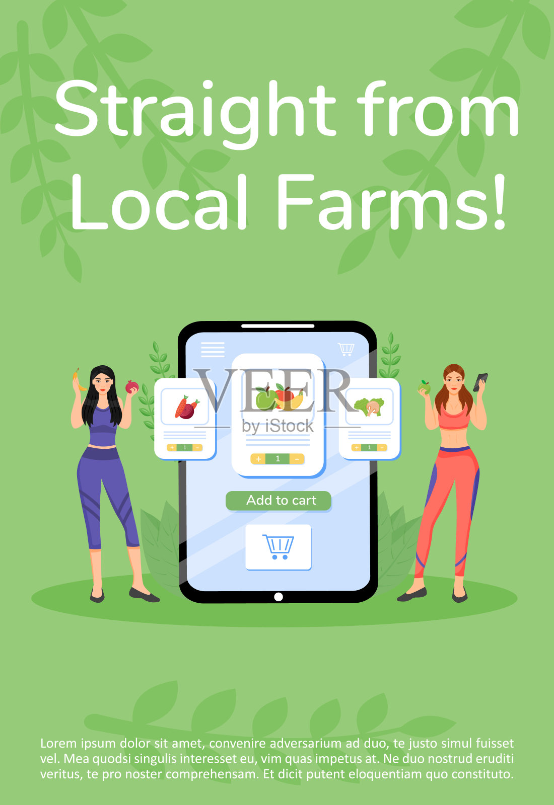 农产品网上订购海报平面矢量模板。购买蔬菜水果手机app宣传册，宣传册一页，带有卡通人物概念设计。新鲜蔬菜传单，传单设计模板素材