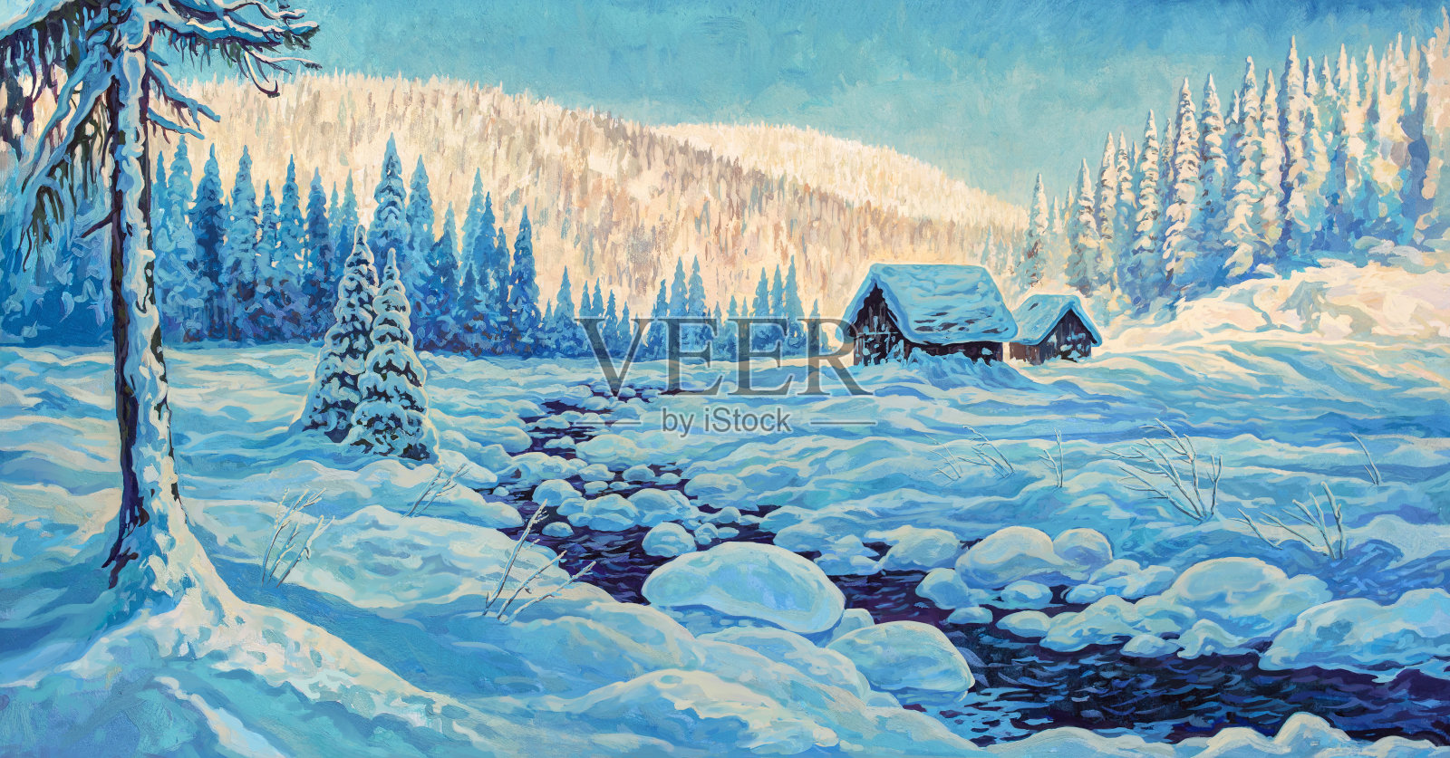 冬季野生动物景观和两个小屋。插画图片素材
