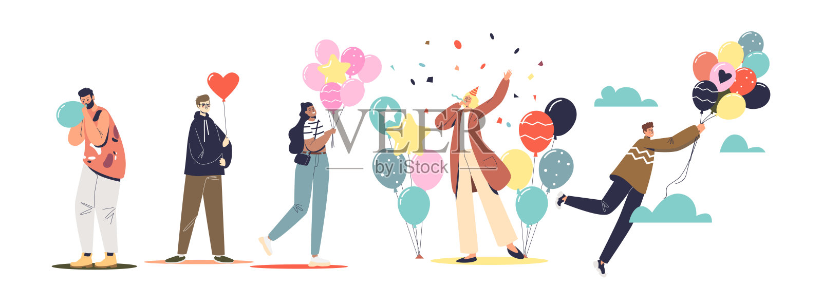 一群人用彩色气球和五彩纸屑庆祝节日或生日插画图片素材