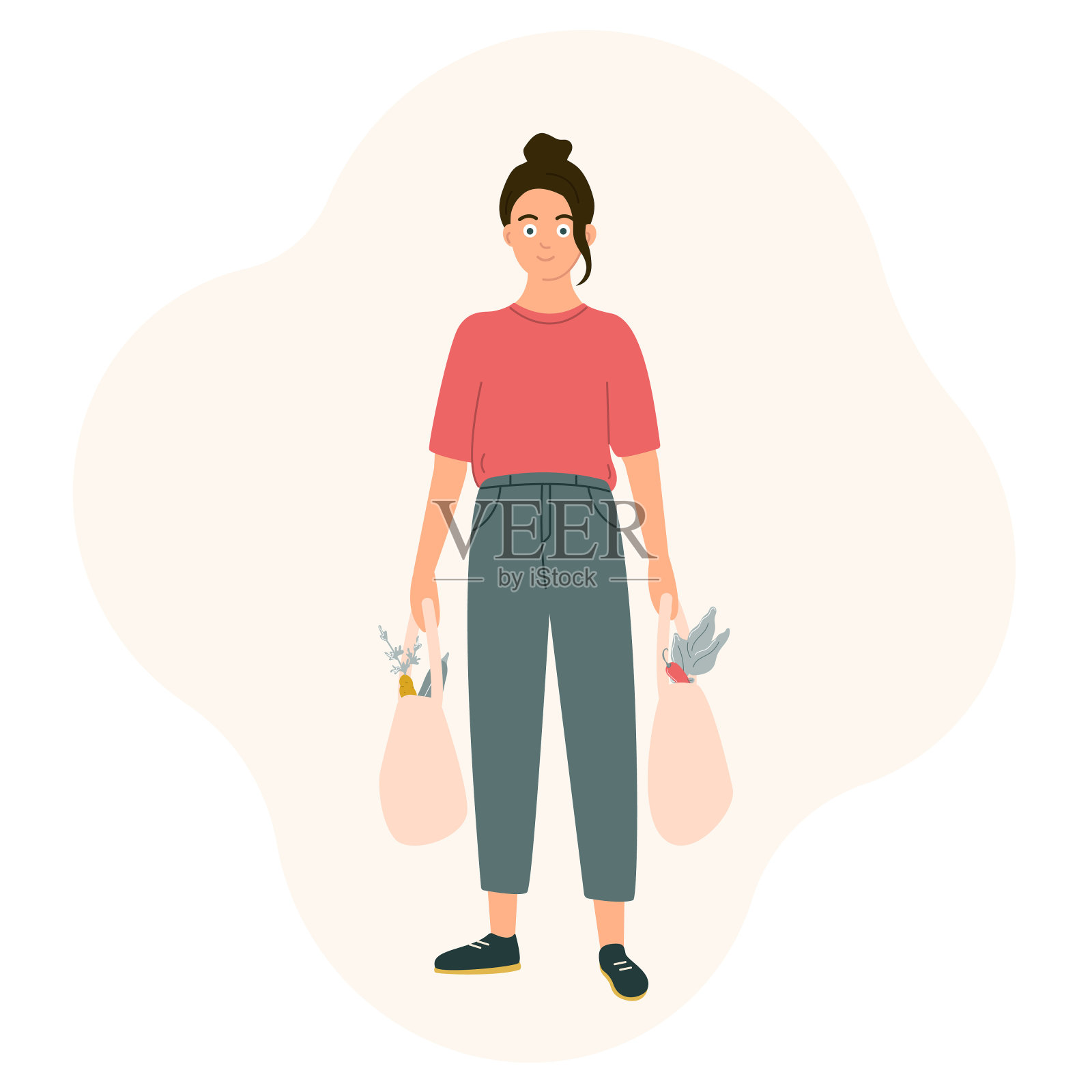 一个年轻的女孩手里拿着从超市买的东西。日常琐事，去杂货店。矢量插图在一个平坦的风格在白色的背景设计元素图片