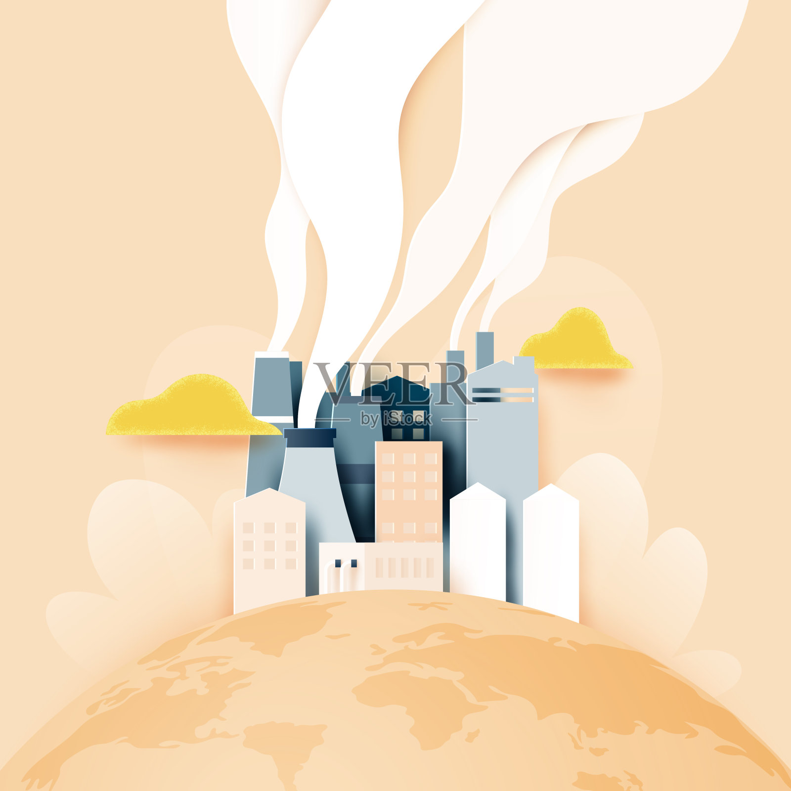 纸艺术的地球与烟雾和空气污染的城市和工厂工业建筑。停止全球变暖的概念。插画图片素材