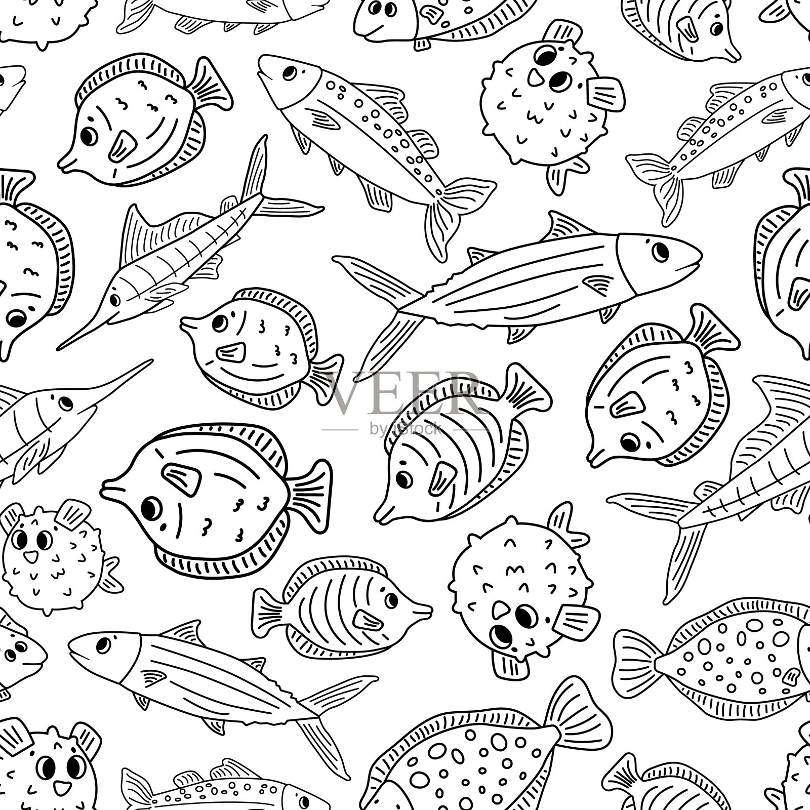 黑白无缝动物涂鸦图案。套孤立的轮廓卡通矢量鱼，汤，比目鱼，金枪鱼，海洋毛刺鱼，海马林鱼。为儿童书籍或印刷品着色的插图。插画图片素材