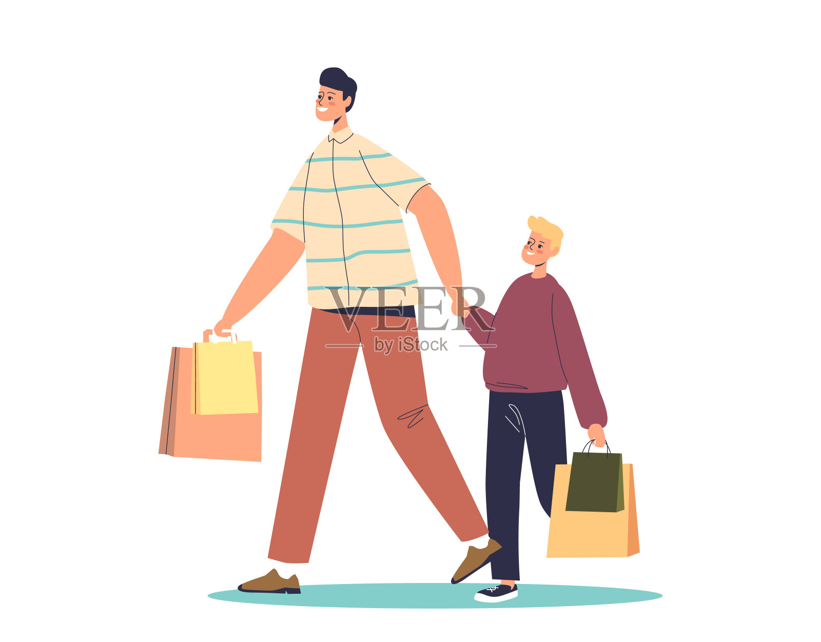 爸爸和儿子在购物。快乐的卡通父亲和拿着购物袋的小男孩插画图片素材