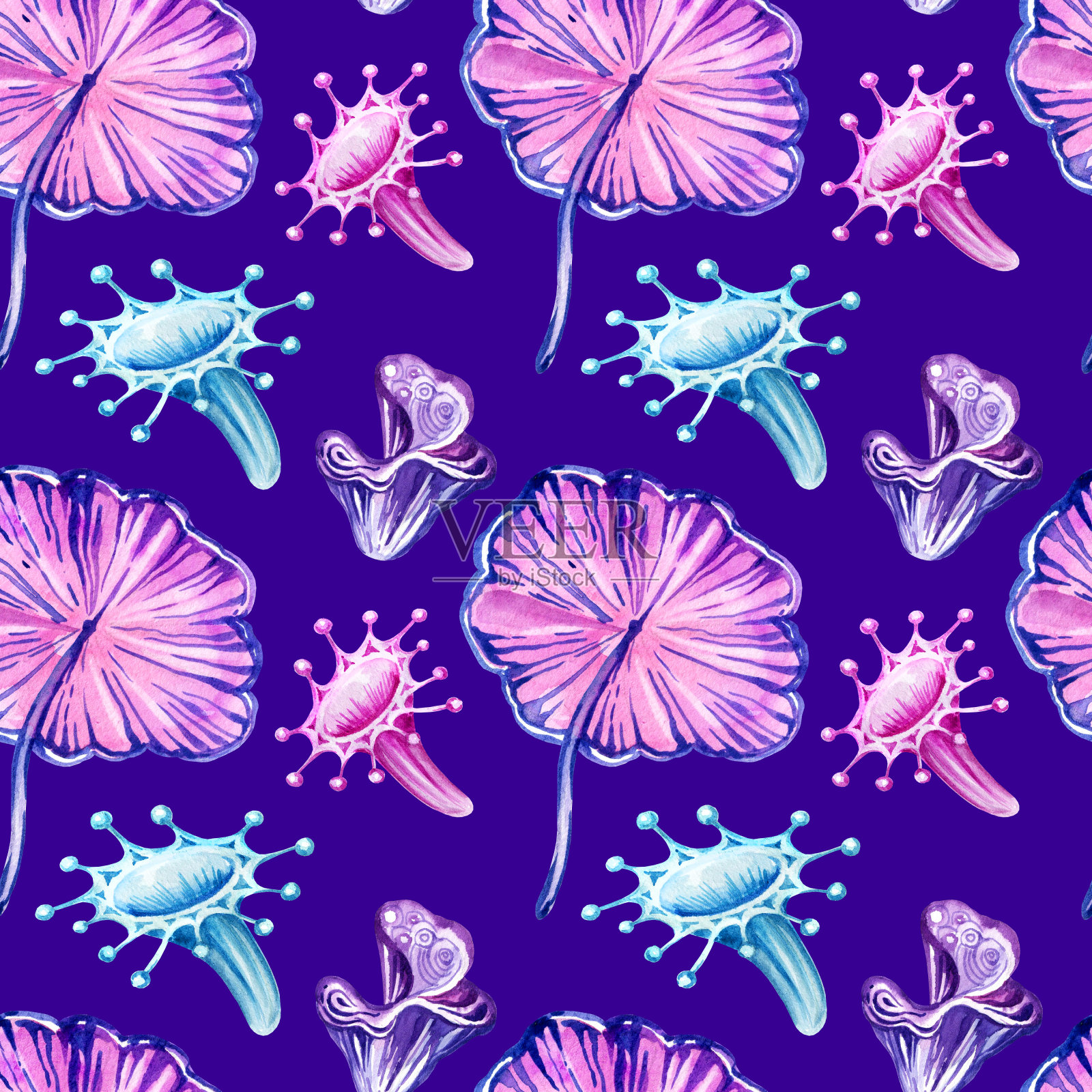 无缝模式与奇妙的宇宙蘑菇蓝色背景，水彩手绘插图。霓虹色，紫色，粉色，蓝色插画图片素材