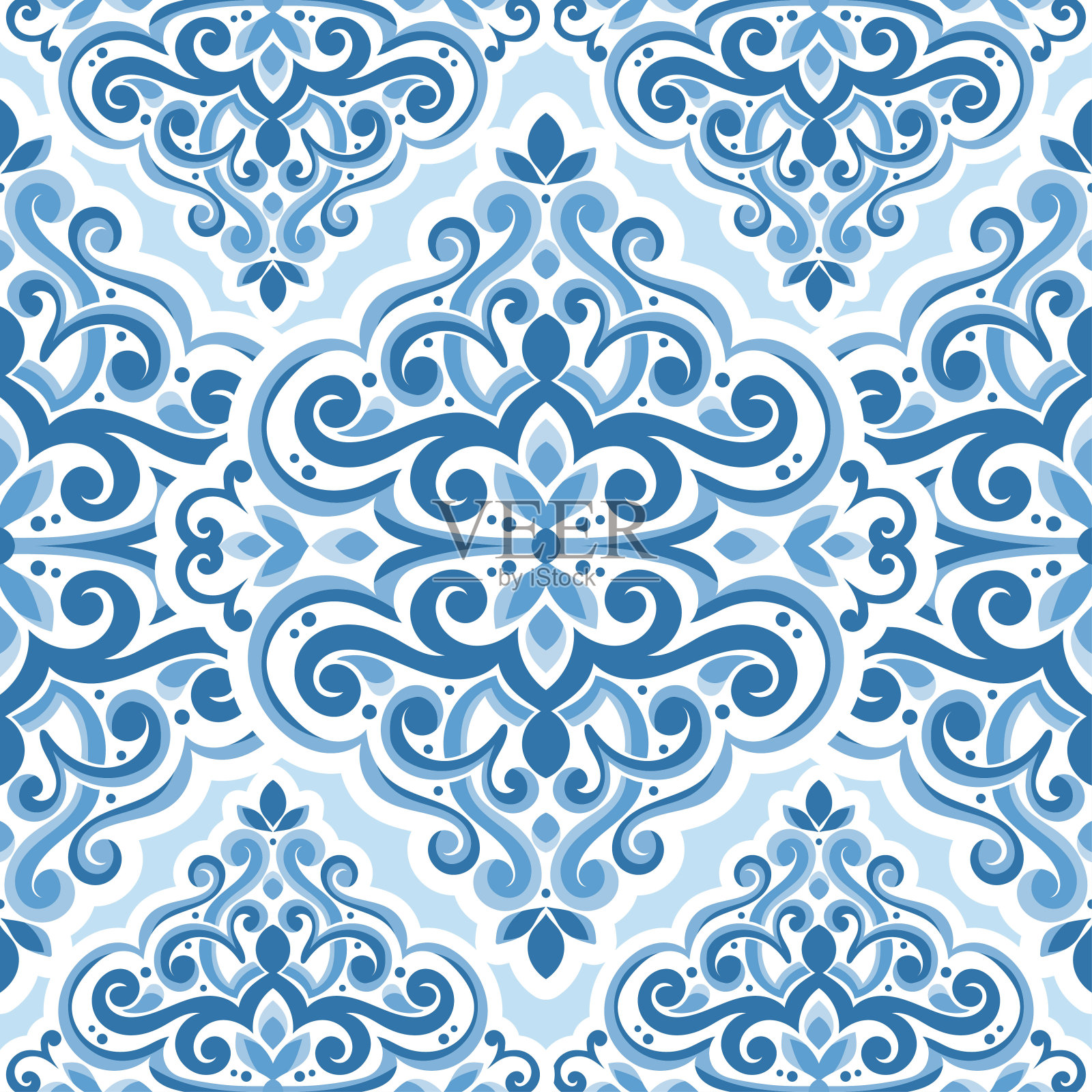 蓝色和白色缎子矢量无缝模式。复古,佩斯利元素。传统的土耳其的图案。非常适合织物和纺织品，墙纸，包装或任何理想的想法。插画图片素材