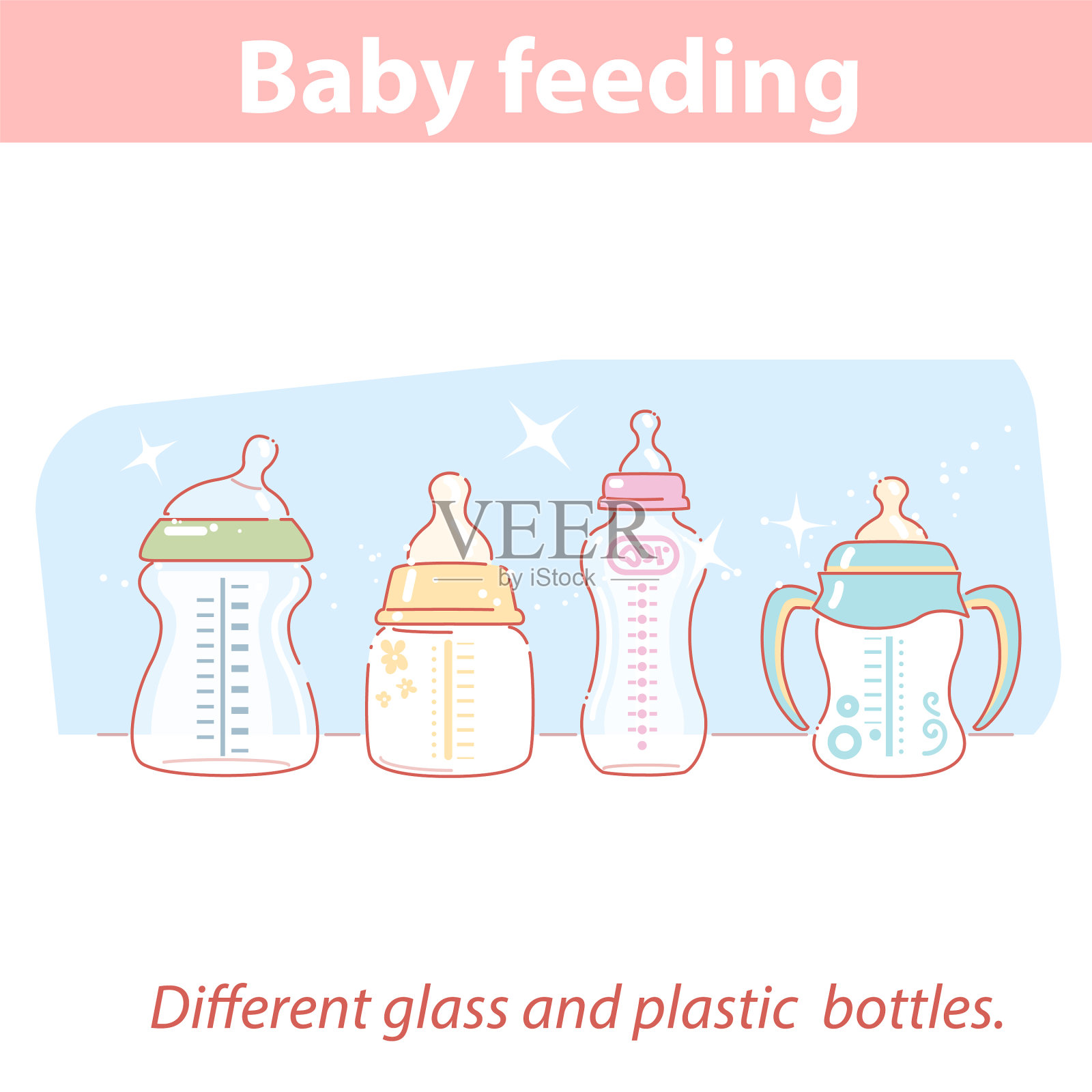 给宝宝使用不同的奶瓶插画图片素材