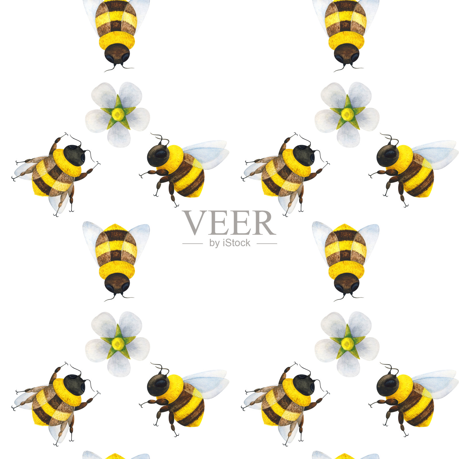 蜜蜂授粉的花。无缝图案与昆虫和一朵花在一个白色的背景。夏天的点缀。养蜂人的日子。世界保护蜜蜂日。用于在织物、纺织品、纸张上印刷的库存图像设计元素图片