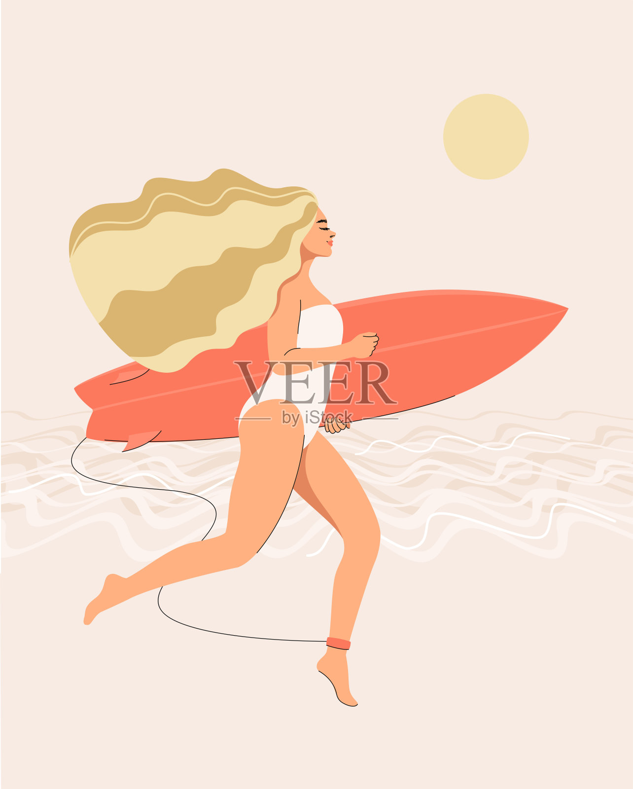 一个穿着泳衣的金发女郎在沙滩上冲浪插画图片素材