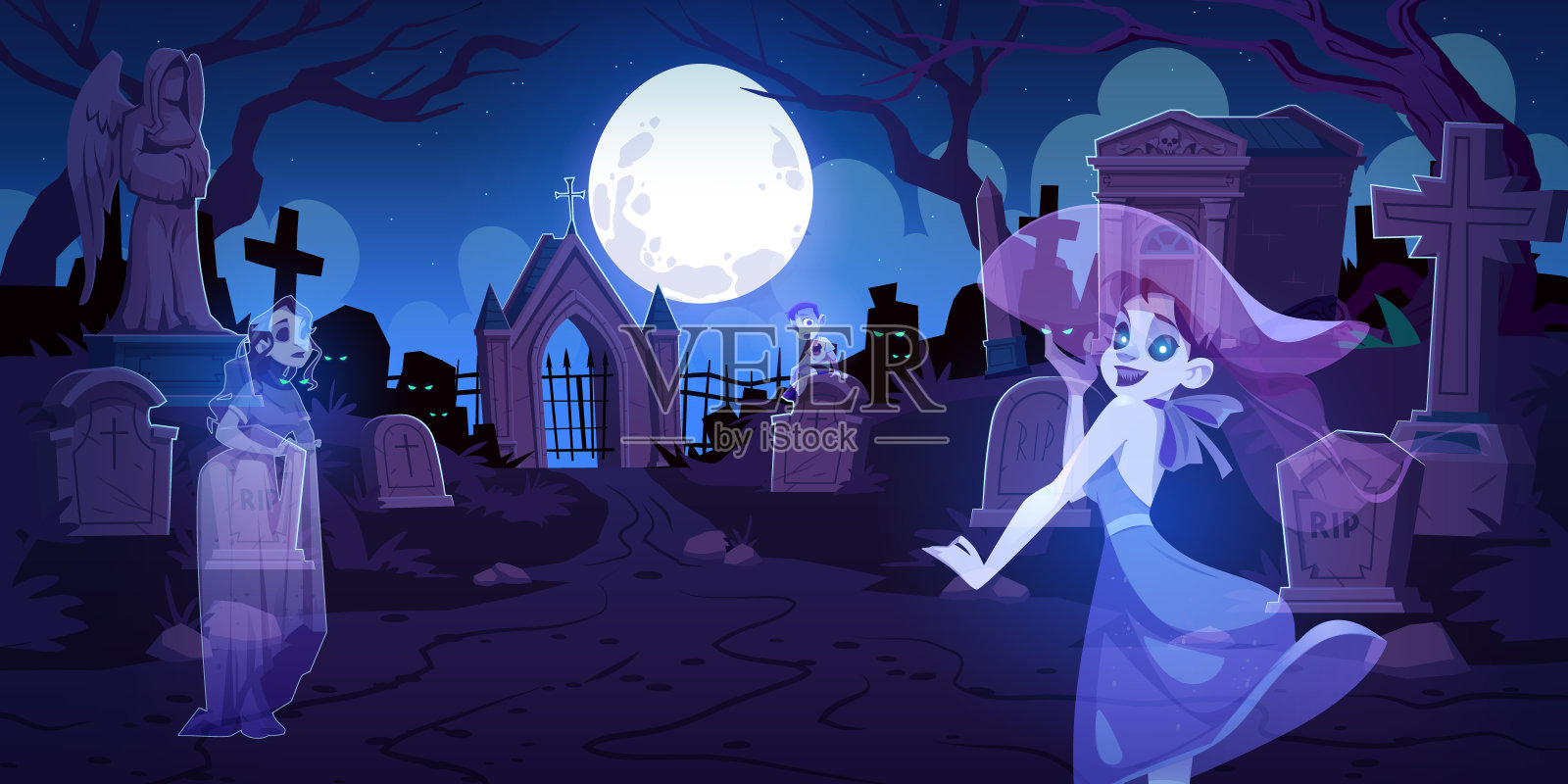 老墓地里的鬼魂在夜晚有坟墓插画图片素材