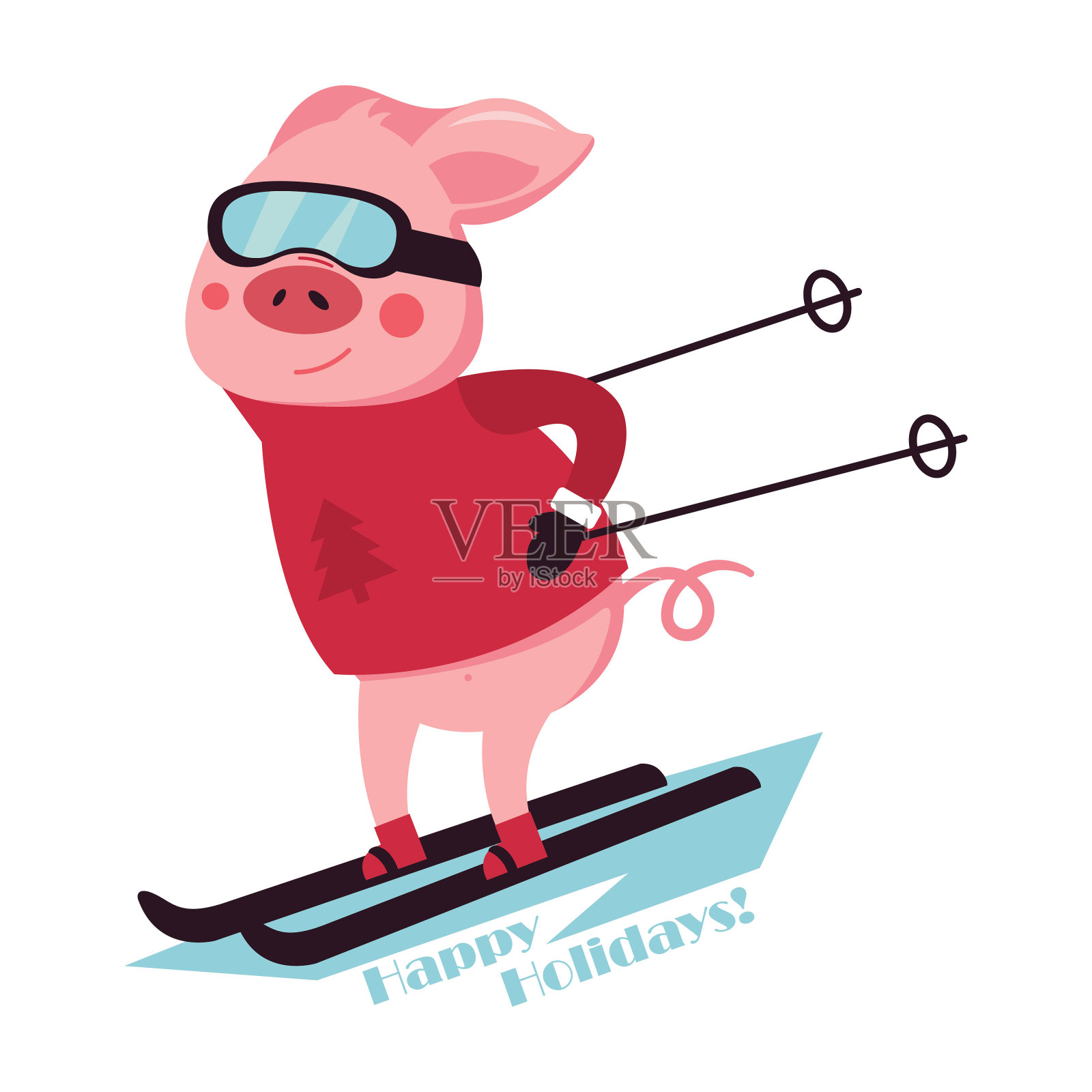 可爱的粉色小猪滑雪下山。下坡滑雪者矢量插图插画图片素材