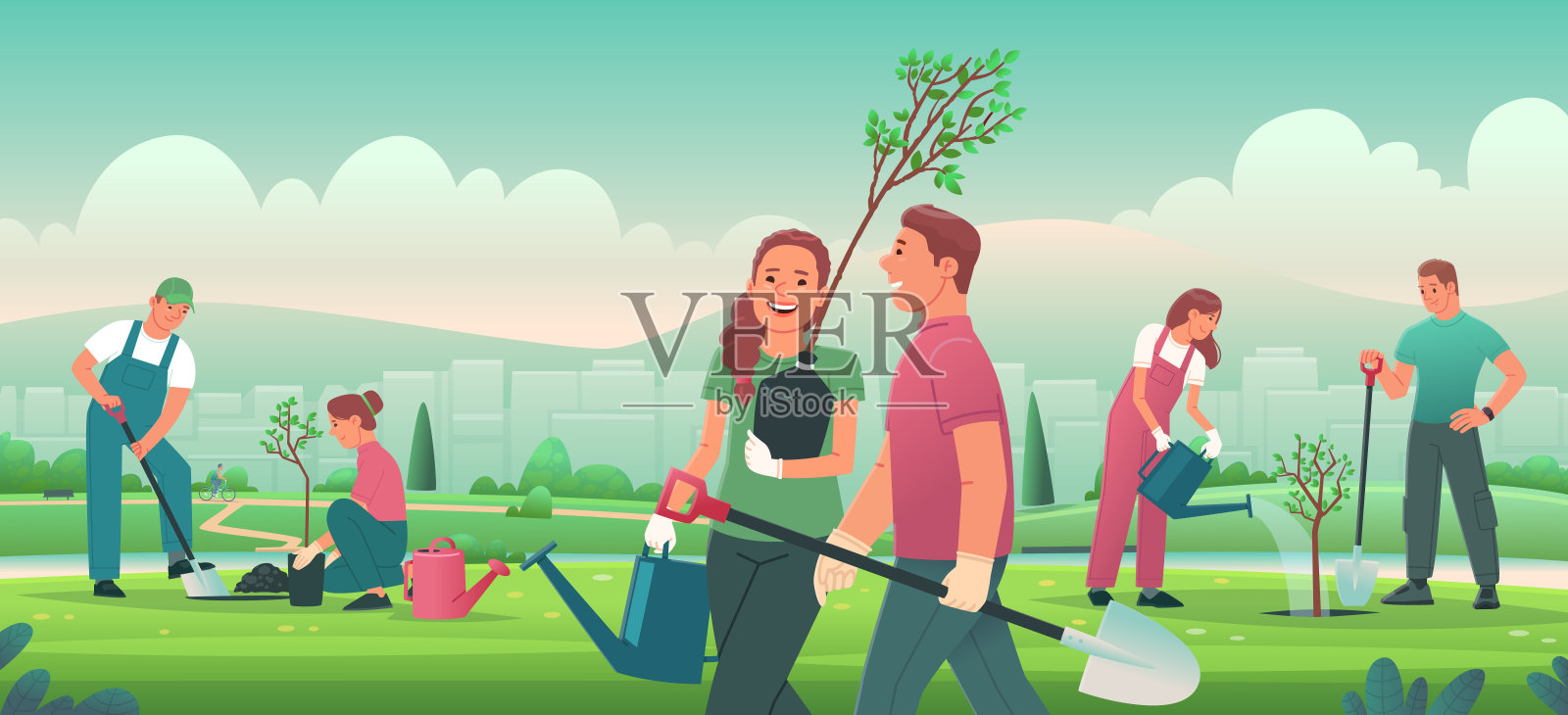 人们正在城市公园里种树苗。志愿者或城市居民，男女不限插画图片素材