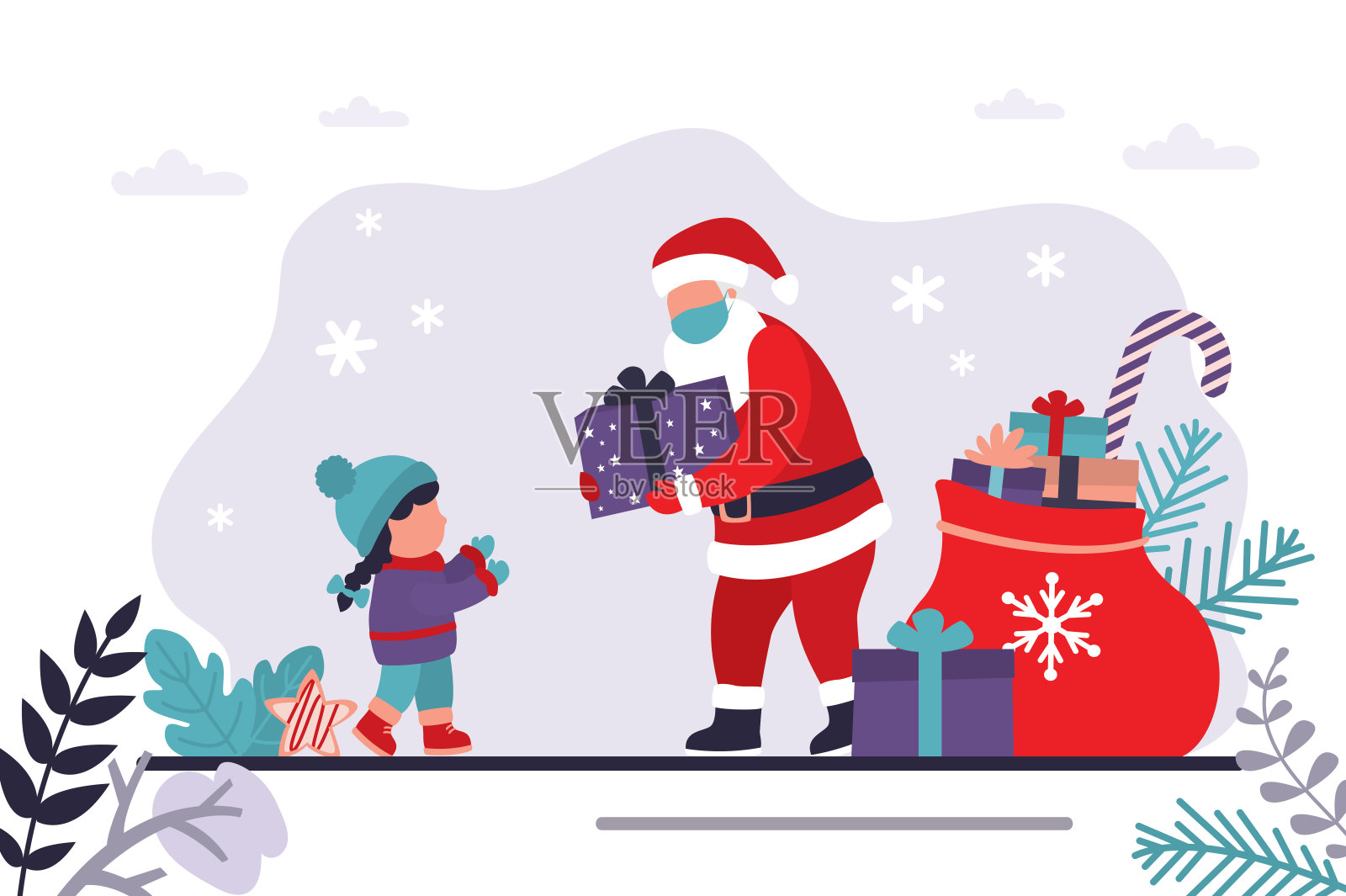 圣诞老人给孩子礼物。圣诞老人戴着面具给孩子们送礼物。防疫理念与圣诞庆祝活动插画图片素材