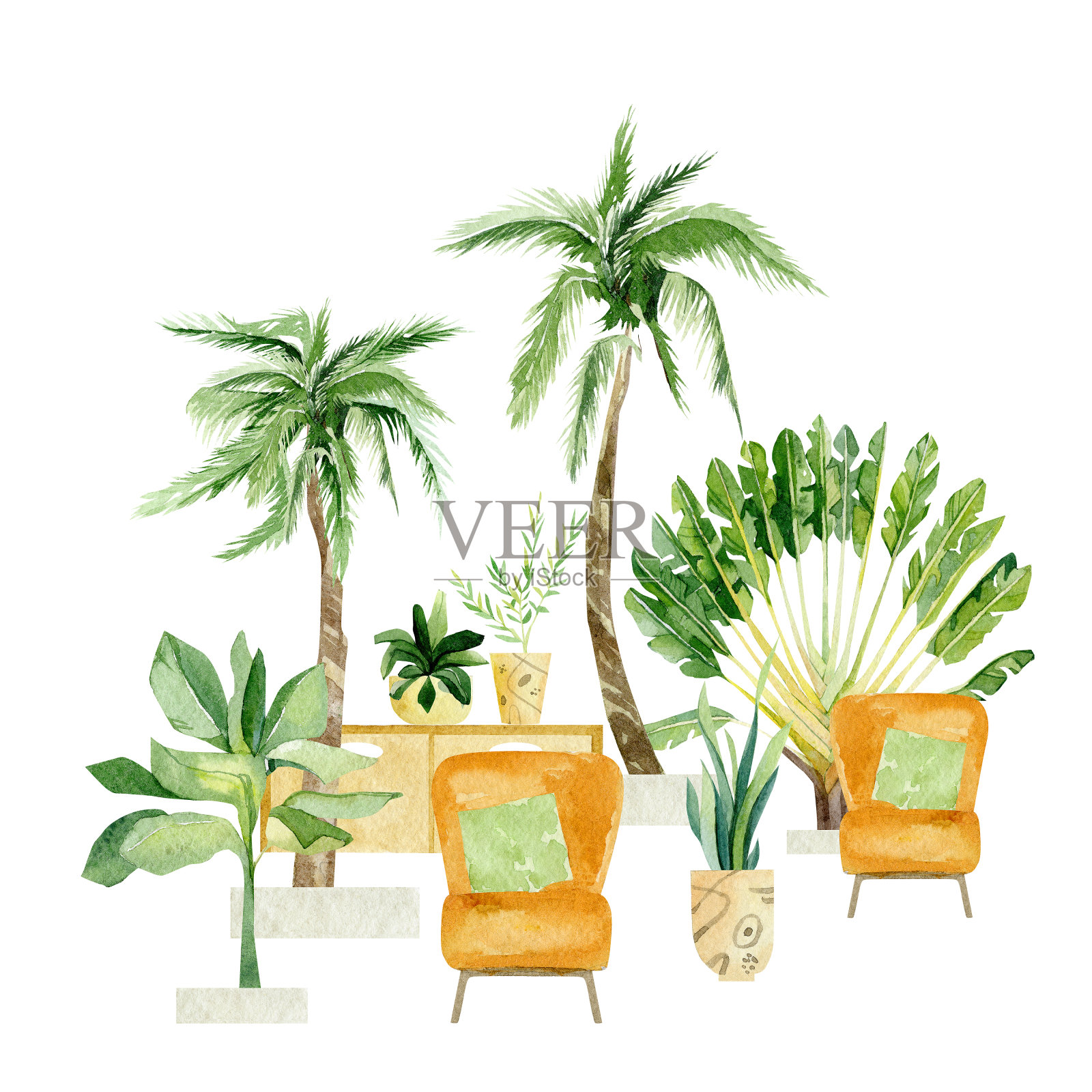 水彩盆栽盆栽构成。花园时髦的绿色植物家盆栽热带树。棕榈树，夏季植物和装饰家。室内园艺女士植物贴纸、海报、贺卡。插画图片素材