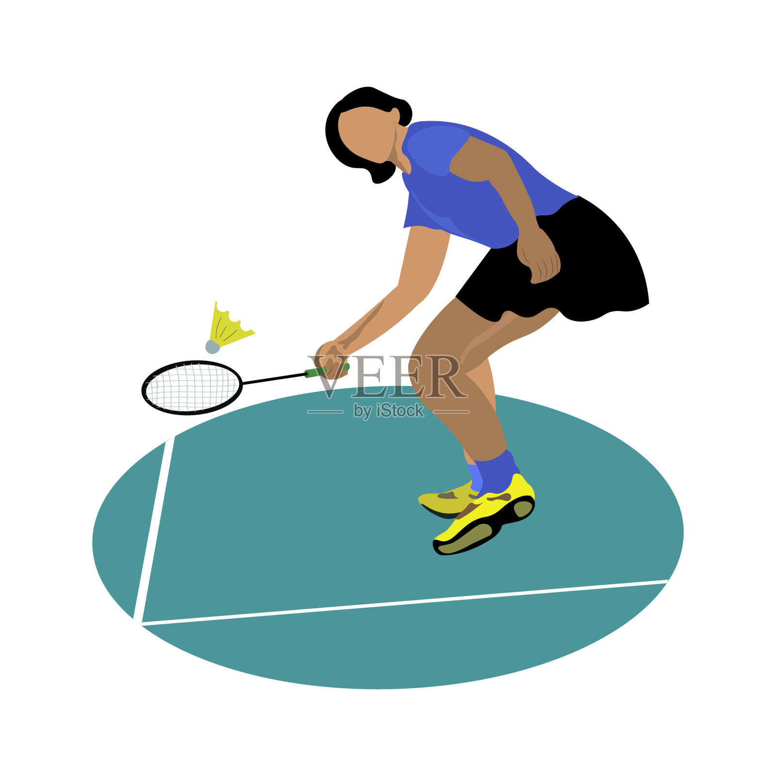 场地上的羽毛球运动员从下面拍毽子插画图片素材
