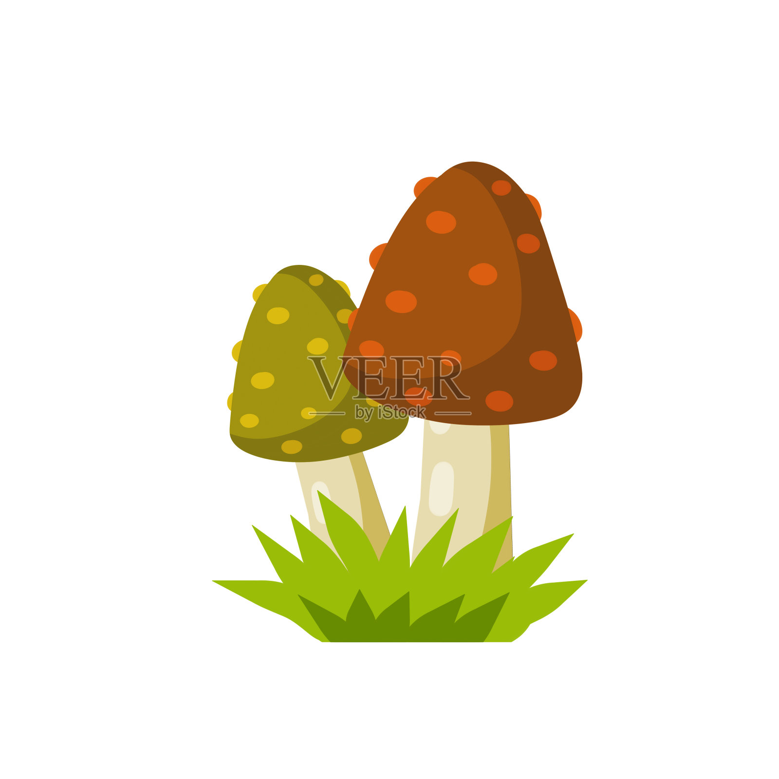 带红帽的蘑菇。天然产品。植被元素的森林与绿色的草。平的卡通插图设计元素图片