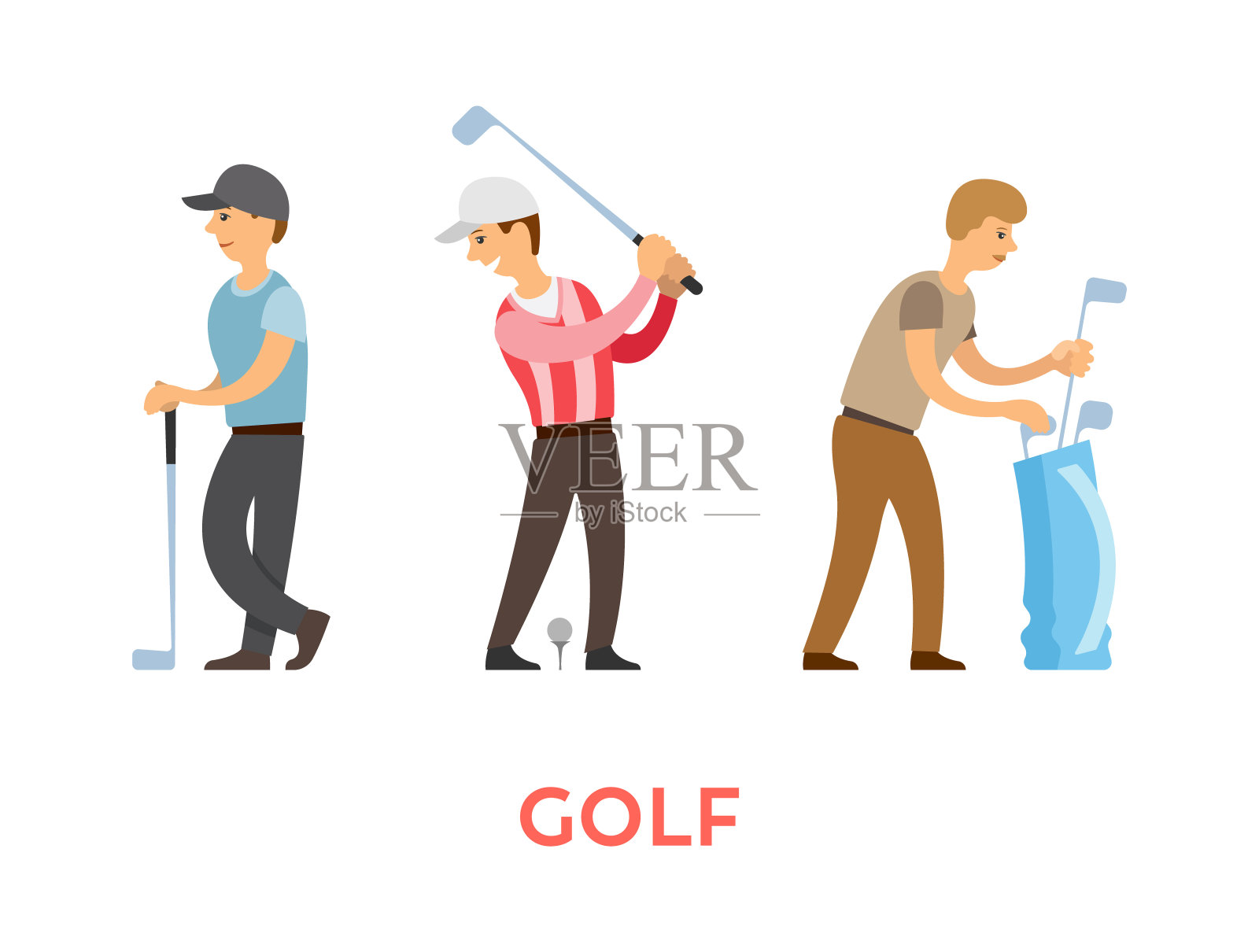 高尔夫球员，竞争者和助手与棍棒插画图片素材