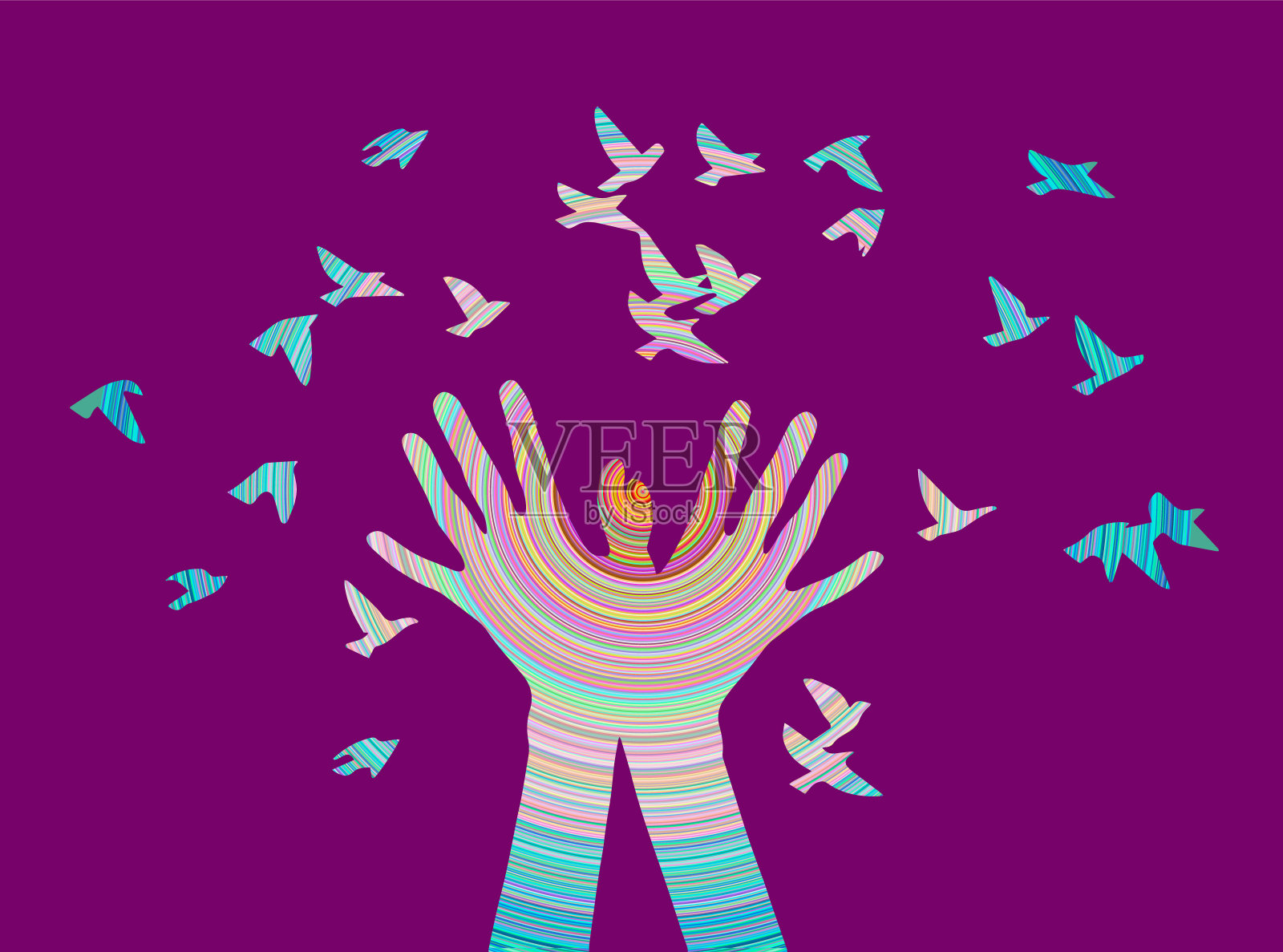手与鸟的颜色插画图片素材