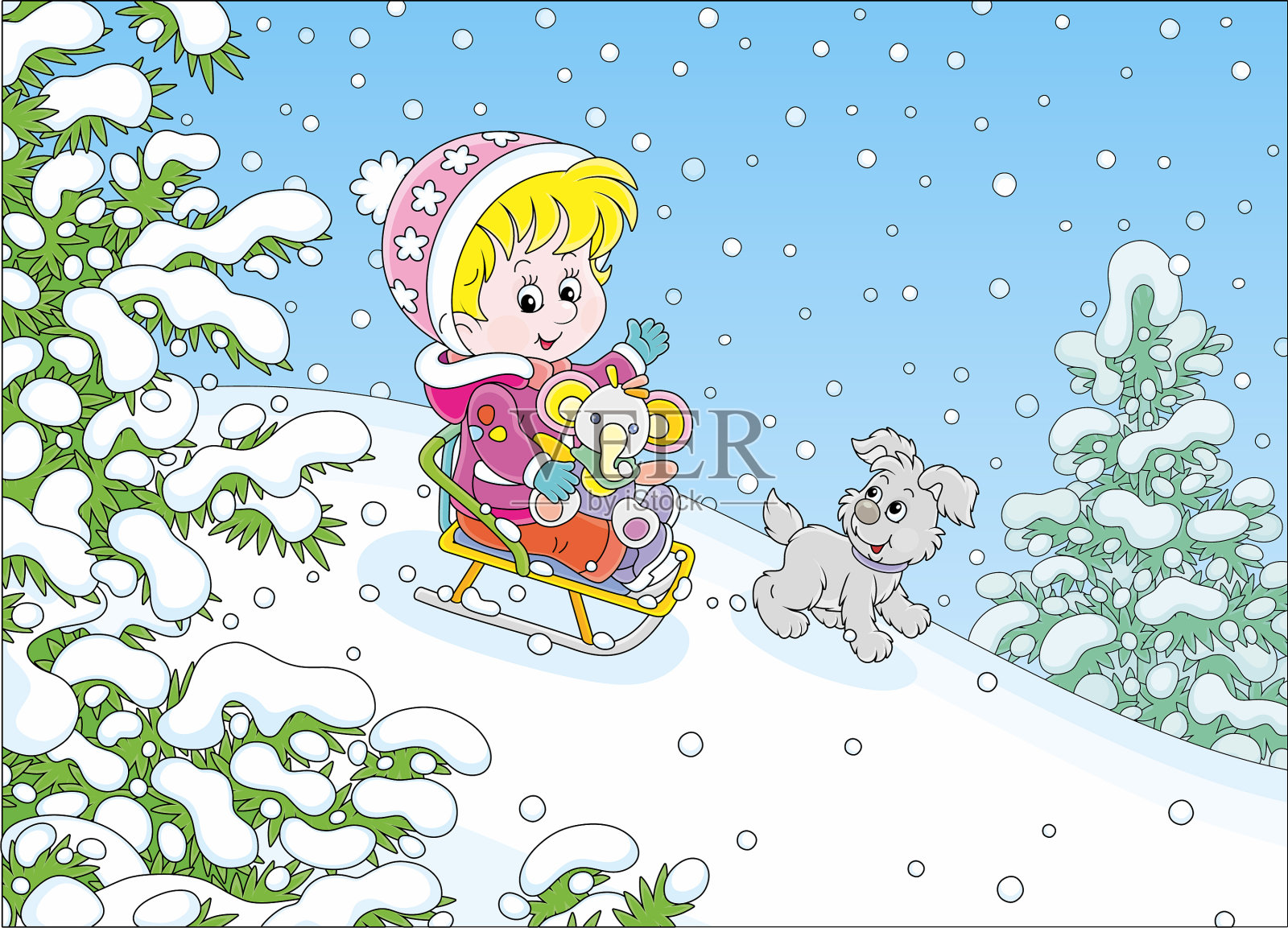 小女孩从雪山上滑下来插画图片素材