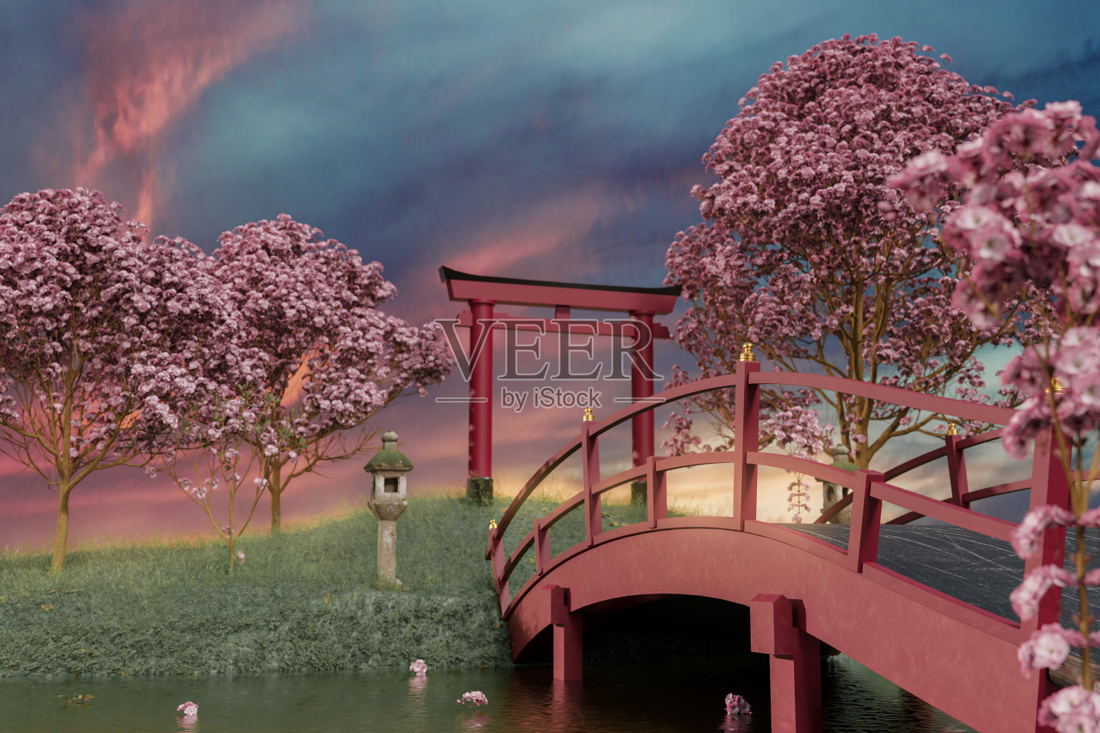 3d渲染日本神道神社被日本樱花树包围照片摄影图片