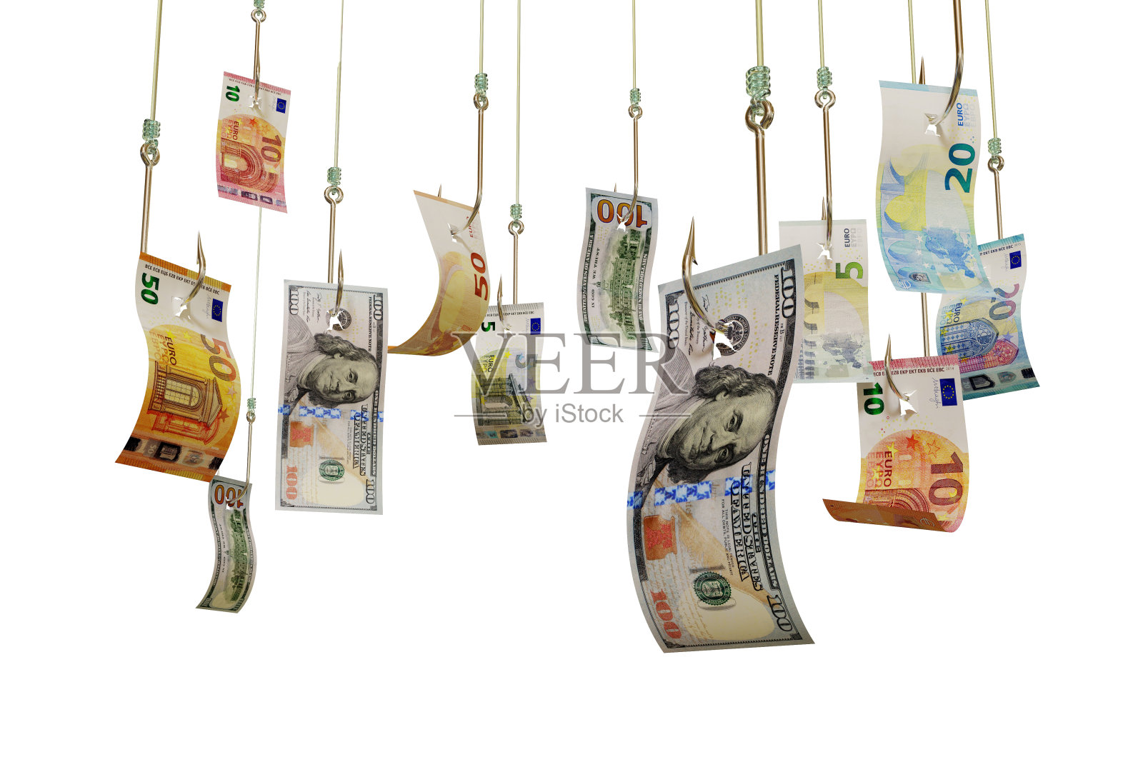 欧元和美元纸币上的鱼钩3D插图照片摄影图片