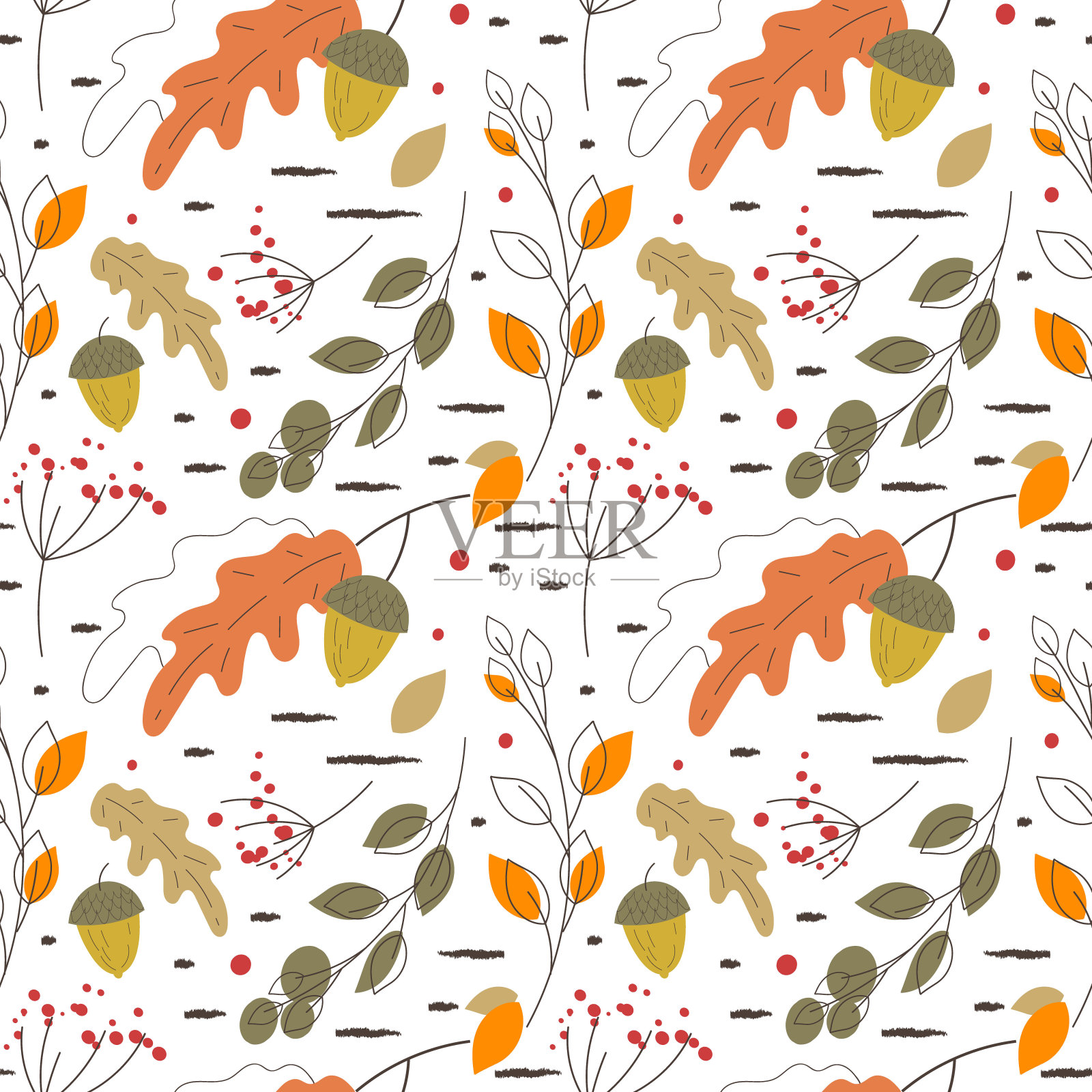 矢量可爱无缝图案，斯堪的纳维亚秋季手绘细线设计。灰色轮廓，白色背景。用于收割的橡树叶、橡子、树枝、浆果插画图片素材
