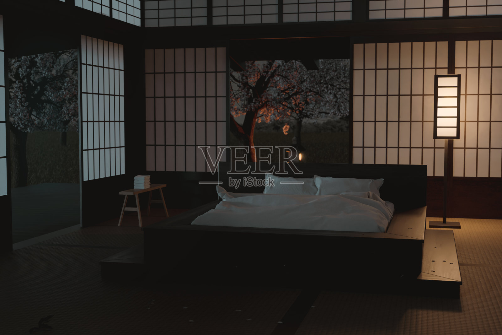 传统日本卧室晚上的3d渲染照片摄影图片