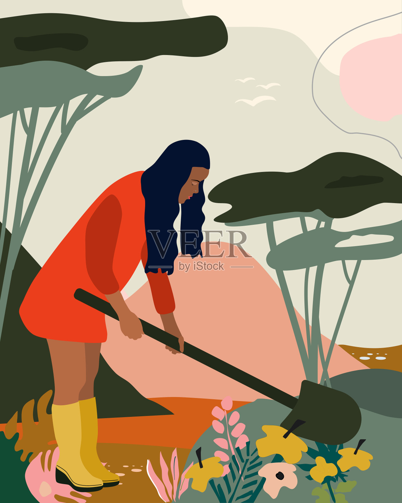 穿着红大衣的年轻女子正在园艺。她用铲子挖地，种花。收获概念在流行的颜色。插画图片素材