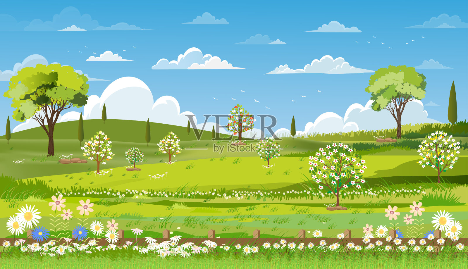 春天的自然景观与草地，蓝天和云，全景背景农场土地在阳光明媚的一天，宁静的乡村在春天的早晨，卡通向量为春夏横幅背景插画图片素材